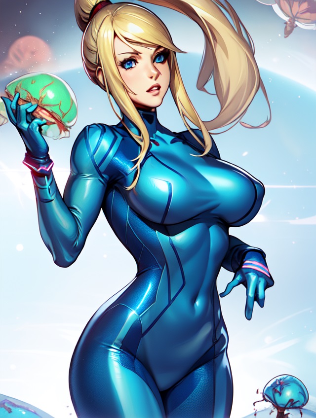 1girls ai_generated alien alternate_version_available ass blonde_hair blonde_ponytail blue_eyes bounty_hunter bust busty female in_space large_breasts metroid metroid_(creature) navel navel_visible_through_clothes nintendo pixai planet pooplool round_ass round_butt samus samus_aran slim_female slim_figure solo solo_female tagme thick_thighs thighs thin thin_female zero_suit_samus