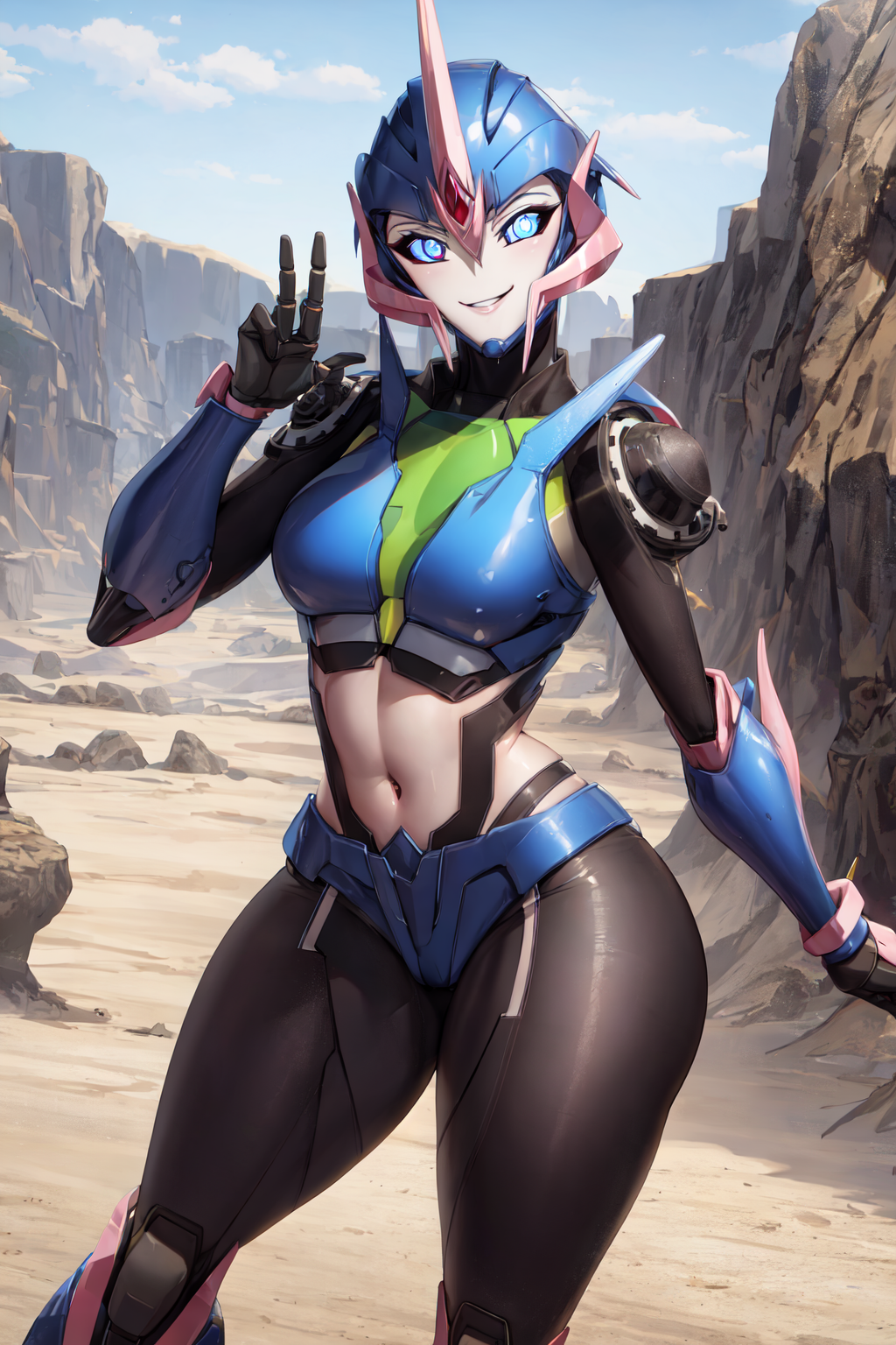 1girls ai_generated arcee arcee_(prime) bikini_armor blue_bikini blue_eyes curvy female_autobots girl happy humanoid mecha mechanoid peace_sign pixai robot_girl solo solo_female tomboy transformers transformers_prime v_sign