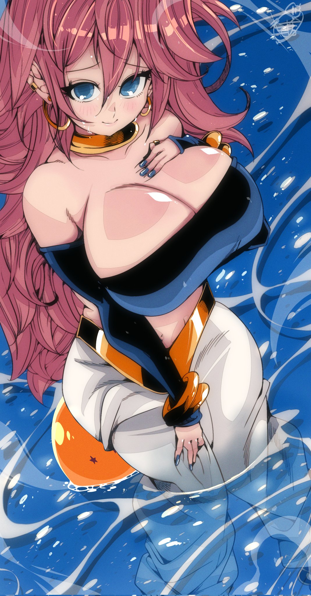 1girls android_21 android_21_(human) arc_system_works bandai_namco big_breasts blue_eyes blue_nail_polish blue_nails blush bracelets brown_hair dragon_ball dragon_ball_fighterz ear_piercing earrings elbow_gloves female gold_jewelry long_hair looking_at_viewer messy_hair omochi_db ring voluptuous voluptuous_female vomi_(dragon_ball) wet_body