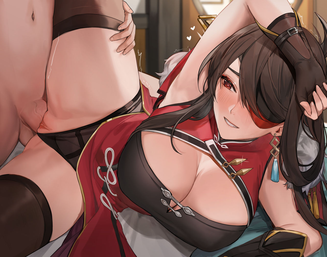 1boy, 1girls, bed, beidou (genshin impact), brown hair, clothed, clothed female, clothed female nude male, female, genshin impact, light skin, light-skinned female, light-skinned male, male, muunai, nude, nude male, on bed, sex, spread legs, tagme
