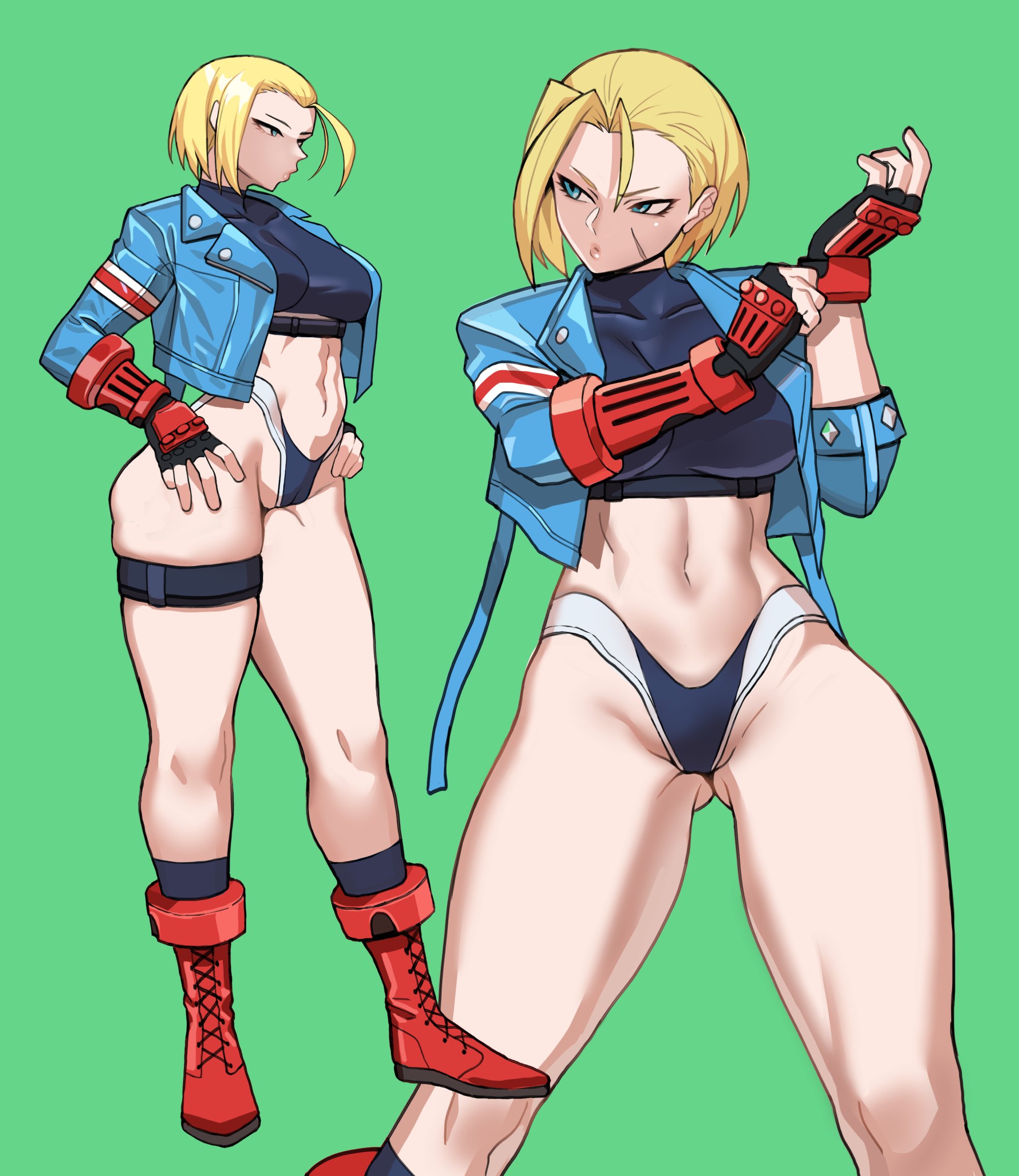 1girls, 2d, abs, british, byunsang (artist), cameltoe, cammy white, capcom, emotionless, expressionless, female, female focus, female only, fit, fit female, g-string, gauntlets, gloves, jacket, muscles, muscular, muscular female, pussy, scar, short hair, simple background, street fighter, street fighter 6, thick thighs, thigh band, thighs