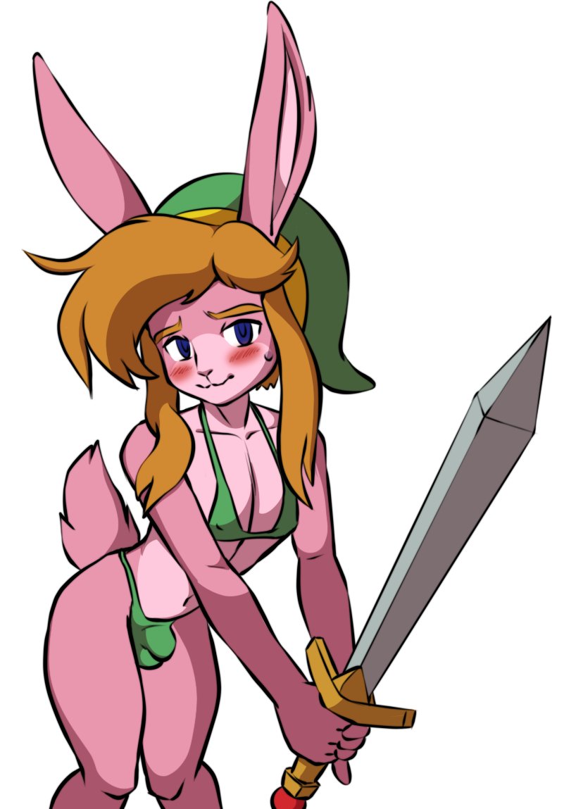 1boy a_link_to_the_past anthro bikini blonde_hair blue_eyes blush bodily_fluids bulge clothing countershading crossdressing femboy fur furry furry_male goldsden green_bikini green_clothing green_swimwear hat headgear headwear holding_object holding_weapon hotred is_(artist) lagomorph leporid link link_(rabbit_form) male male_only mammal melee_weapon nintendo pink_body pink_fur rabbit raised_finger raised_pinky servedasis simple_background solo sweat swimwear sword tail the_legend_of_zelda weapon white_background