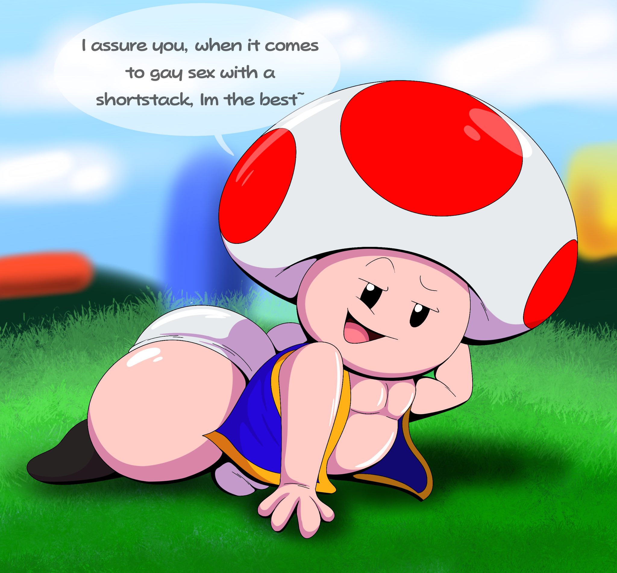 1boy, ass, big ass, big butt, clothing, english text, fat ass, fat butt, full body, gay, huge ass, huge butt, laying down, laying on stomach, looking at viewer, male, male only, mario (series), nintendo, open mouth, outdoors, shortstack, smile, solo, speech bubble, super mario bros., talking to viewer, tepigfan101, text, text bubble, thick ass, thick butt, toad (mario)