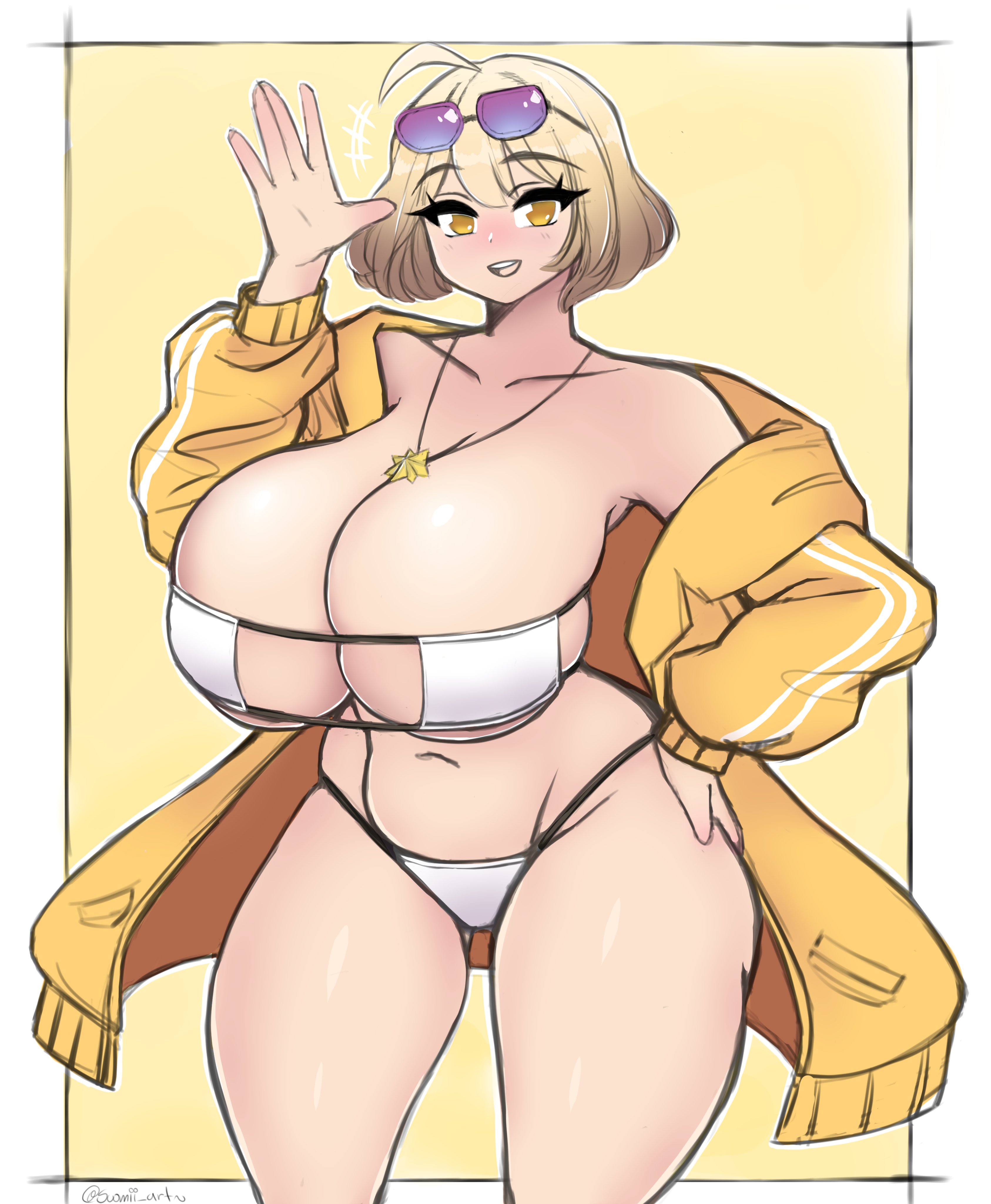 1girls, alternate costume, anis (nikke), anis (sparkling summer) (nikke), ass, big ass, big breasts, bob cut, breasts, cleavage, collarbone, eyepatch bikini, female, female focus, female only, goddess of victory: nikke, hourglass figure, jacket, large breasts, light brown hair, light skin, light-skinned female, necklace, official alternate costume, short hair, solo, solo female, solo focus, string bikini, sunglasses, sunglasses on head, suomii, thick ass, thin waist, wide hips, yellow eyes, yellow jacket