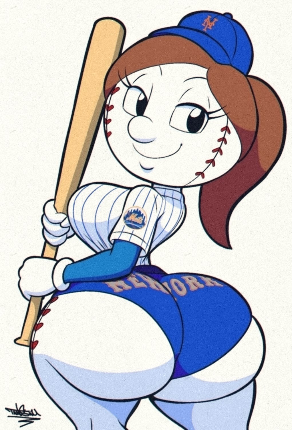 1girls 2023 ass breasts clothed clothed_female female female_only gloves huge_ass looking_at_viewer looking_back mlb mrs._met new_york_mets panties rear_view smile solo tansau