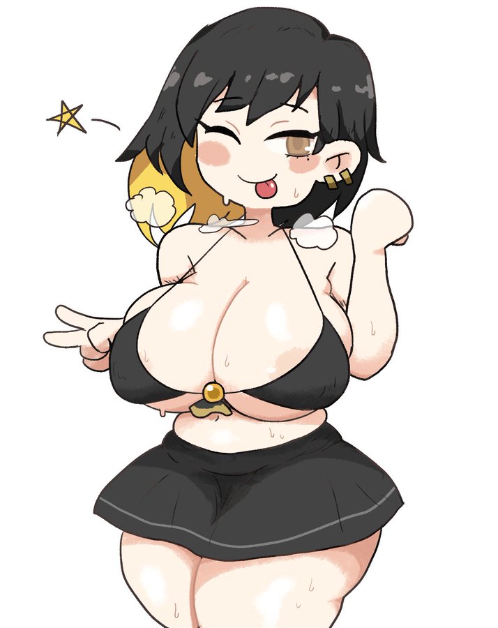 1girls areolae_slip big_breasts bikini_top binah black_hair brown_eyes cleavage doodle light-skinned_female lobotomy_corporation nipple_slip notnoe_(dxcl) peace_sign project_moon request silly skirt solo solo_female steam sweat sweaty_body thick_thighs tongue_out white_background