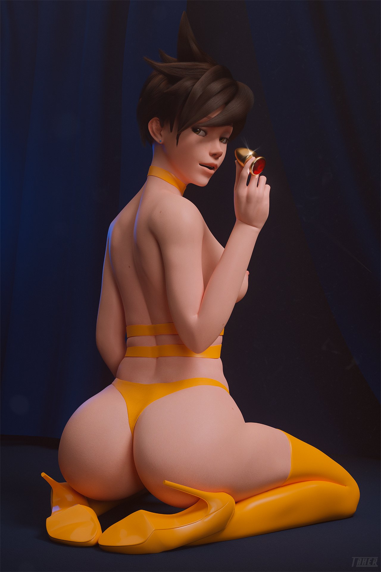 1girls 2023 3d artist_name ass back back_view bedroom_eyes blizzard_entertainment boots bottomwear breasts brown_hair buttplug calves clothed clothed_female clothes clothing ear_piercing earrings eyelashes female footwear from_behind full_body hair hi_res high_heel_boots high_heels holding_sex_toy human inviting jewel_buttplug kneeling knees_apart_feet_together legs_apart legwear light-skinned_female light_skin lingerie looking_at_viewer looking_back looking_back_at_viewer medium_breasts nipples offering open_mouth overwatch panties partially_clothed piercing pinup pose posing rear_view seductive seductive_look seductive_pose seductive_smile sex_toy short_hair sitting smile smiling smiling_at_viewer solo takerskiy thigh_boots thighhighs thighs thong topless tracer underwear yellow_boots yellow_eyes yellow_footwear yellow_panties