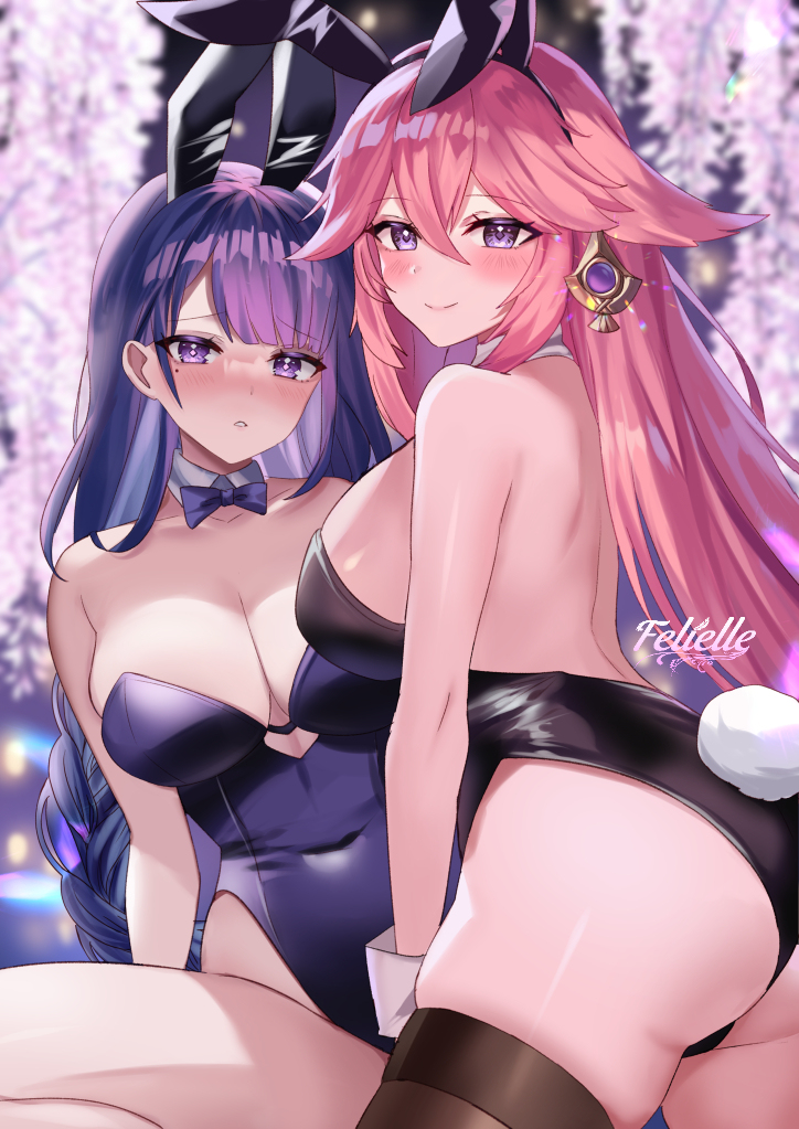 2girls animal_ears ass black_leotard blush bow bowtie braid braided_ponytail breasts bunny_ears bunnysuit cleavage commentary covered_navel detached_collar earrings fake_animal_ears fake_tail felielle female fox_ears genshin_impact hair_between_eyes hair_ornament jewelry large_breasts leotard long_hair looking_at_viewer mole mole_under_eye multiple_girls pink_hair playboy_bunny purple_eyes purple_hair purple_leotard rabbit_ears rabbit_tail raiden_shogun smile strapless strapless_leotard symbol-only_commentary tail thighhighs thighs traditional_bowtie very_long_hair wrist_cuffs yae_miko