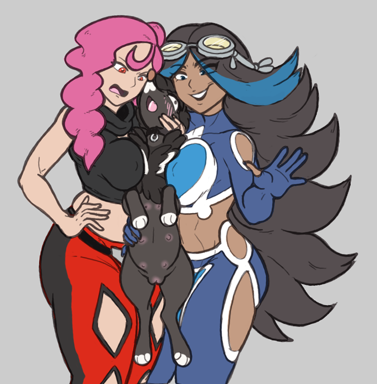 5_fingers aqua_admin_shelly belly_nipples between_breasts big_breasts black_hair blue_eyes blush breast_squish breasts canid canine clothed clothing collar drawpile eyewear eyewear_on_head female female/female female_focus feral fingers furfrou generation_6_pokemon genitals goggles goggles_on_head group hair hair_over_eye hand_on_hip highlights_(coloring) human malva_(pokemon) mammal nintendo nipples one_eye_obstructed open_mouth paws pink_hair pokemon pokemon_(species) pussy shelly_(pokemon) shelly_(pokemon_oras) shiny_pokemon smile squish sunny_(unshackled) suns_(artist) team_aqua team_flare trio yuri