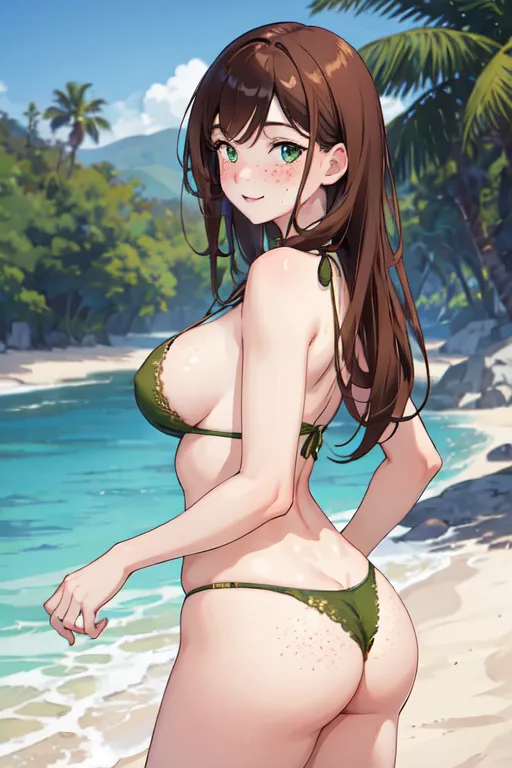 1girls 1woman ai_generated ass beach bikini bikini_bottom bikini_top blush blushing blushing_at_viewer brown_hair female freckles green_eyes looking_at_viewer looking_back on_beach outdoors outside pale-skinned_female pale_skin solo solo_female solo_focus