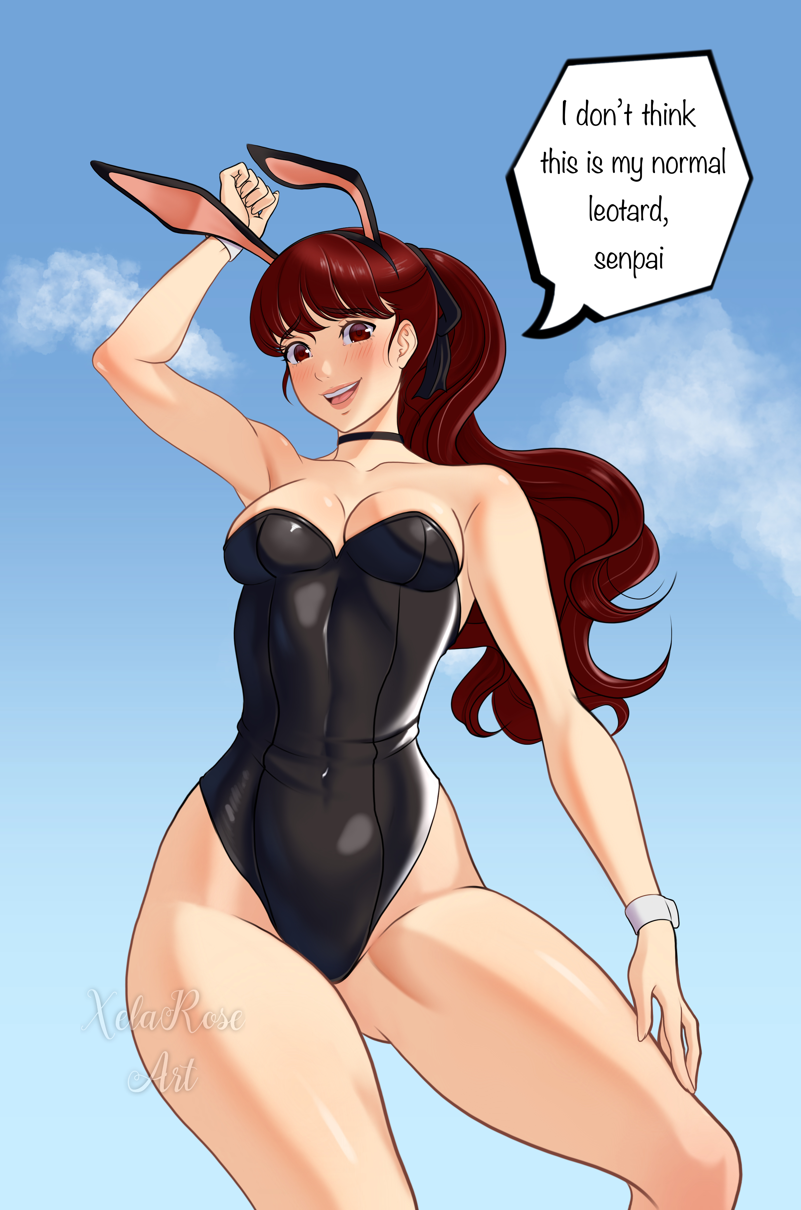 1girls, atlus, bunny costume, bunny girl, bunnysuit, cleavage, english text, female, kasumi yoshizawa, leotard, persona, persona 5, persona 5 royal, ponytail, red eyes, red hair, revealing clothes, shiny clothes, sumire yoshizawa, text, tight clothing, xelaroseart
