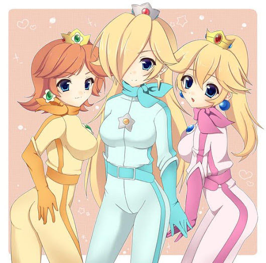 3_bodysuits 3girls ass bodysuit breasts clothing crown female female_focus female_only looking_at_viewer mario_(series) mario_kart nintendo princess_daisy princess_peach princess_rosalina standing yukatan_hantou