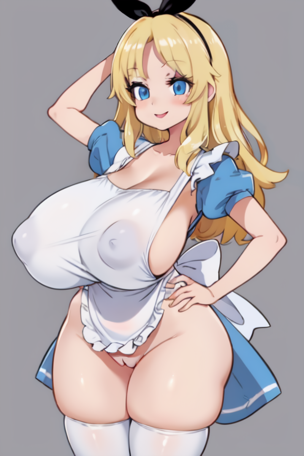 1girls ai_generated alice_in_wonderland alice_liddell apron arm_behind_head asanagi_(style) big_breasts blonde_hair blue_eyes bottomless breasts covered_nipples dress female female_only hairbow hand_on_hip huge_breasts large_breasts long_hair nipples no_panties puffy_sleeves pussy shortstack simple_background smiling solo thick_thighs thighs wide_hips