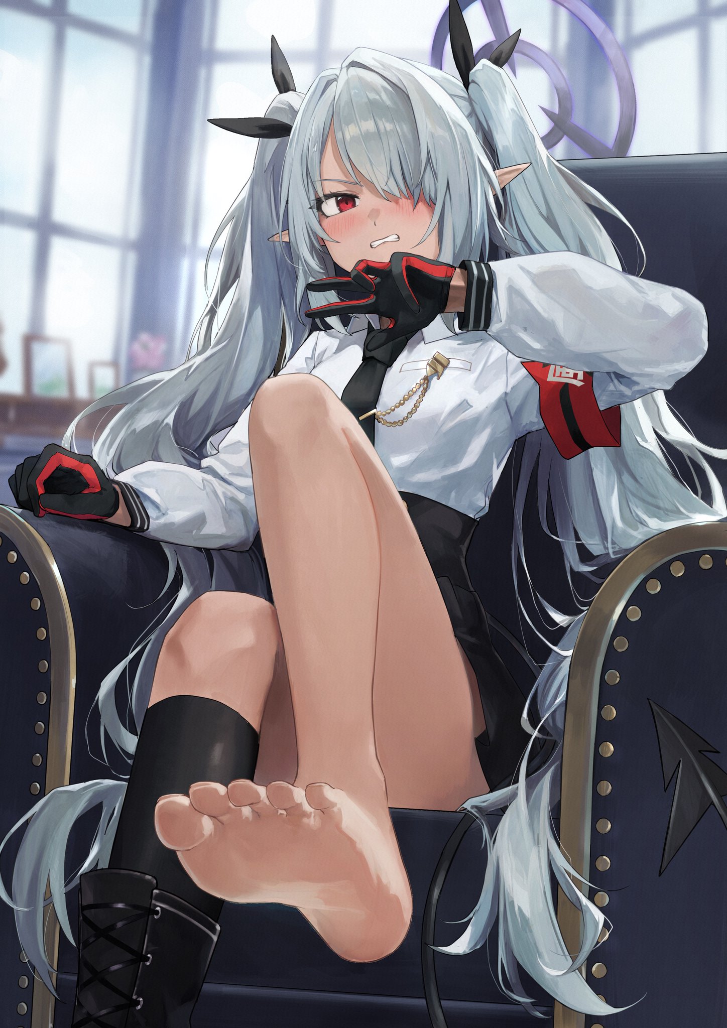 artist request, blue archive, clenched teeth, embarrassed, feet, foot fetish, fully clothed, gehenna academy student, iori (blue archive), one shoe, prefect team (blue archive), tagme, tagme (artist)