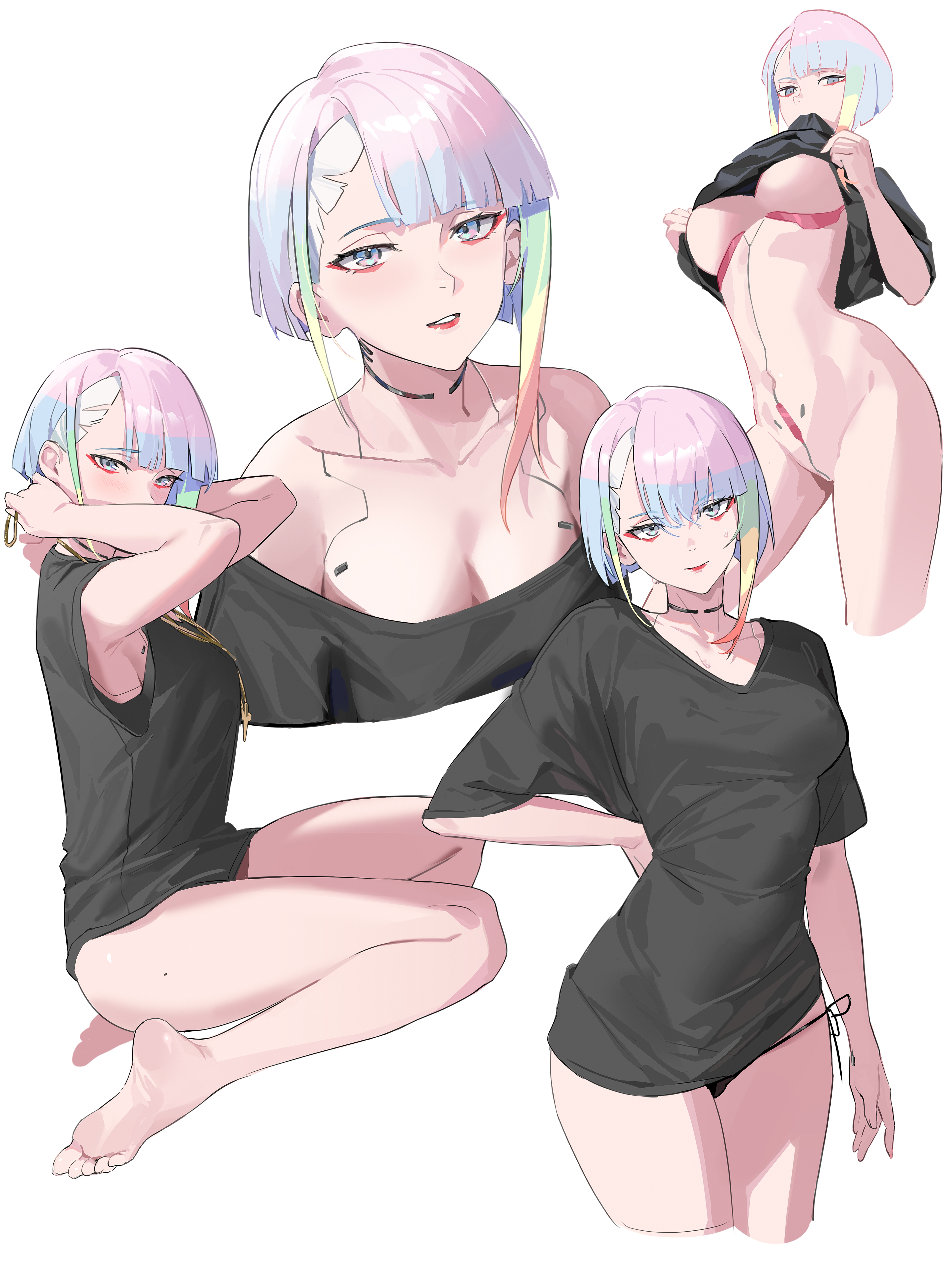 1girls, bare arms, bare legs, bare shoulders, barefoot, black panties, black skirt, blush, bottomless, boyfriend shirt, breasts, breasts out, casual, cd projekt red, character sheet, cleavage, clothes lift, covered nipples, cyberpunk 2077, cyberpunk: edgerunners, eyeshadow, feet, female, full body, lifted by self, lipstick, lucyna kushinada, makeup, medium breasts, midriff, multicolored hair, multiple views, mumei (artist), no artist signature, no bra, no pants, panties, partially clothed, purple eyes, purple hair, shirt, shirt lift, short hair, sitting, small mouth, small nose, studio trigger, thighs, toes, underboob, underwear, wholesome