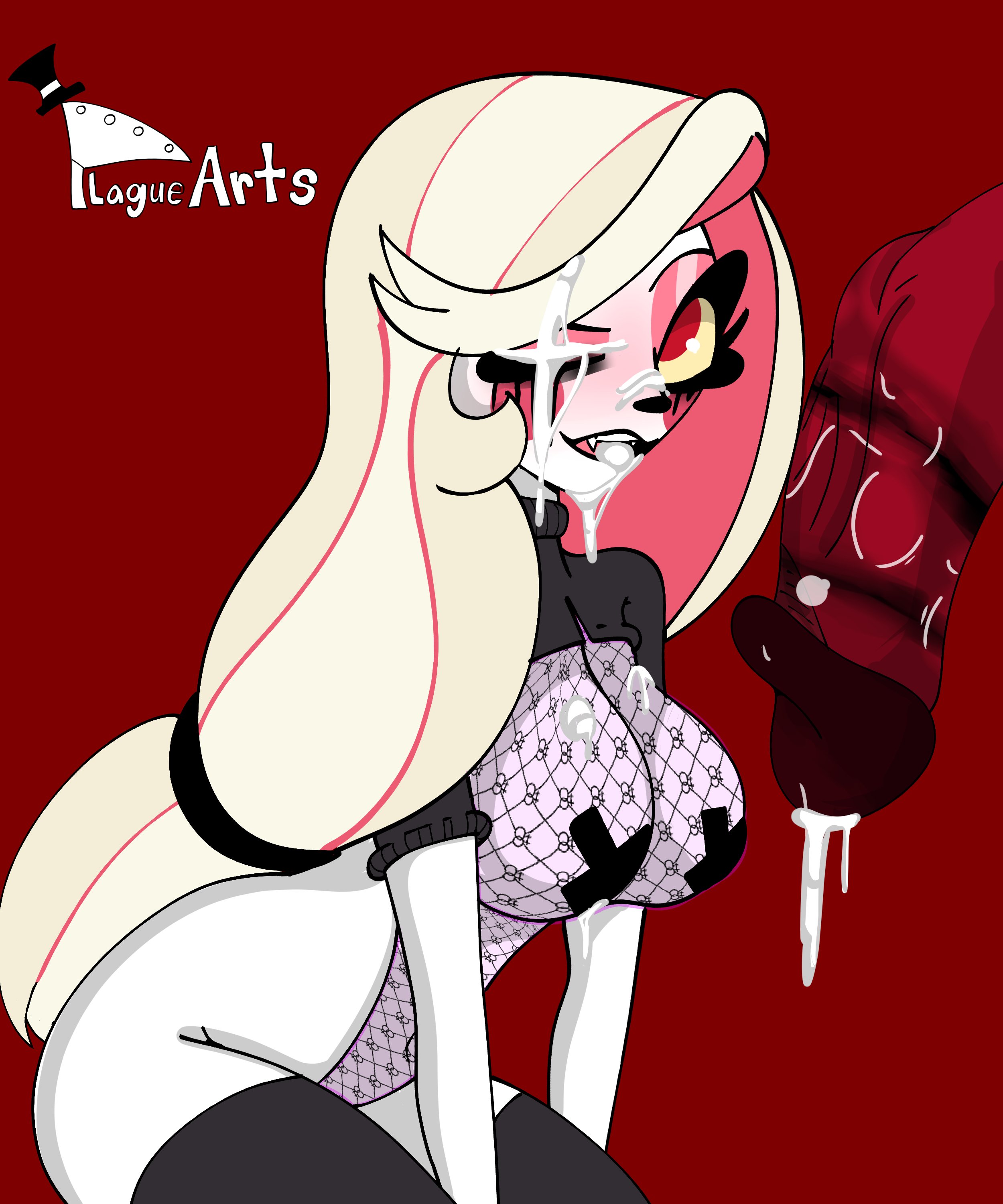 big breasts, black lipstick, breasts, charlie morningstar (hazbin hotel), cum, demon, dick, female, hazbin hotel, lipstick, lipstick mark, lipstick on penis, male, partial male, penis, theplagueart