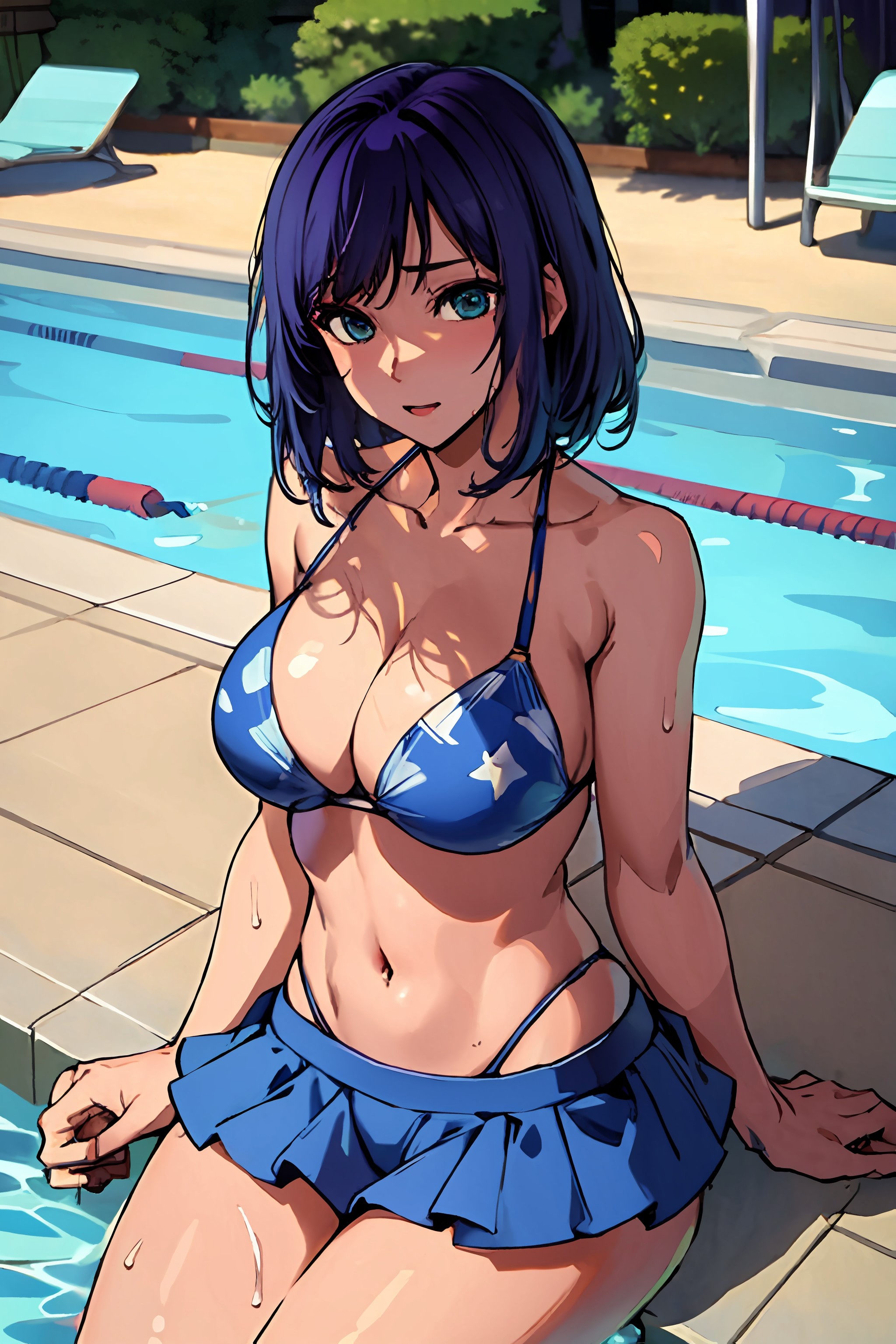 1girls, ai generated, bangs, big breasts, bikini, bikini bottom, bikini top, blue eyes, blue hair, breasts, cleavage, cowboy shot, curvy, curvy body, curvy female, curvy figure, female, female focus, female only, kurokawa akane, looking at viewer, navel, open mouth, oshi no ko, outdoors, outside, pool, poolside, shiny, shiny skin, short hair, sitting, skinny, small waist, solo, thick thighs, thighs, wet, wet body, wet skin