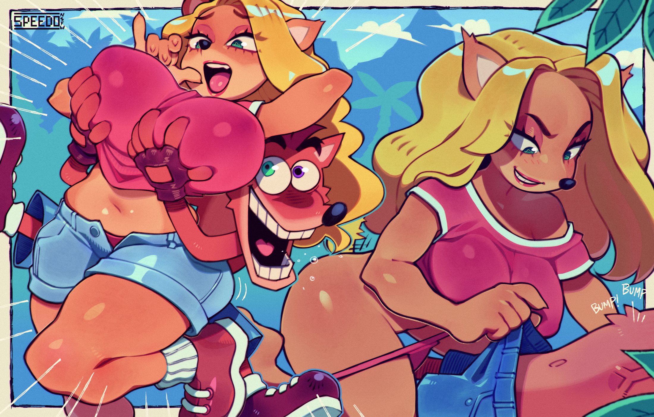 1boy, 1girls, anthro, armpits, big breasts, blonde hair, breasts, crash (series), crash bandicoot, female, female focus, female on top, furry, furry female, furry male, grabbing breasts, grabbing from behind, green eyes, heartbeat, hi res, imminent sex, long hair, male, panties down, pants pull, speedosausage, tagme, tawna bandicoot, thick thighs