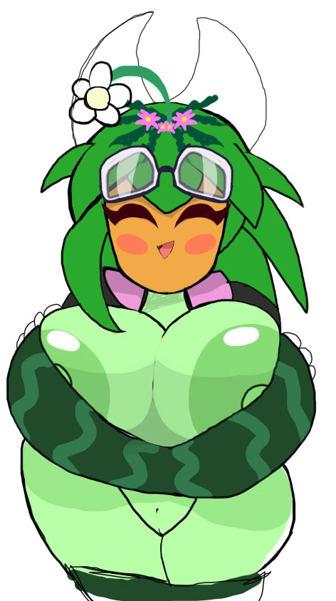 1girls ^o^ big_ass big_breasts big_butt blaster_master blaster_master_zero_2 blush breast_grab breasts breasts_out closed_eyes cubesmolly female female_focus female_only flower flower_in_hair flowers flushed goggles goggles_on_forehead green_hair green_skin grey_body happy happy_female huge_boobs huge_breasts kanna_(blaster_master) open_mouth plant plant_girl plant_hair plant_humanoid plant_pot plantie smiling smiling_at_viewer