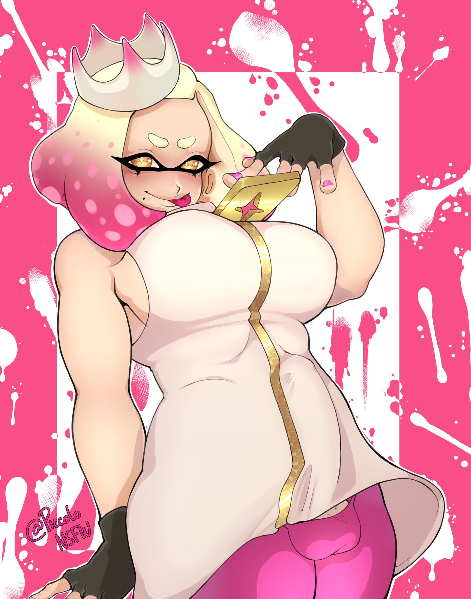 1futa, 2021, balls, better version at source, big breasts, big penis, breasts, bulge, bulge through clothing, clothed, clothing, erection, female, fully clothed, futa only, futanari, humanoid, humanoid penis, inkling, intersex, light skin, light-skinned female, light-skinned futa, low-angle view, pearl (splatoon), penis, piccolonsfw, pink hair, pink tentacles, pose, short hair, sideboob, solo, splatoon, splatoon 2, standing, tongue, tongue out, twitter sample
