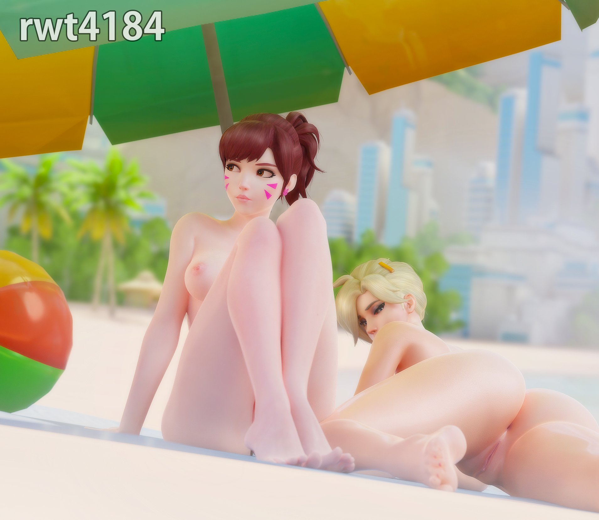 3d, anus, asian, asian female, ass, ball (object), barefoot, beach, beachball, big ass, big butt, blonde, blonde female, blonde hair, blue eyes, breasts, closed mouth, completely nude, d.va, feet, female, female only, legs, looking at viewer, looking back, mercy, mouth closed, nipples, nude, nude female, overwatch, overwatch 2, pink nipples, pussy, rwt4184, sand, short hair, sitting, spread legs, toes