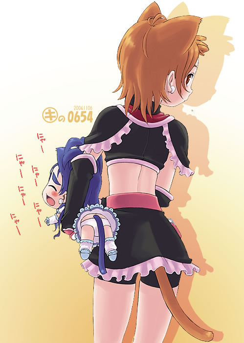 animal_ears cat_ears cat_tail chibi clothing comic cure_black cure_white doujinshi futari_wa_precure futari_wa_pretty_cure kei_jiei magical_girl misumi_nagisa panchira panties pantyshot precure pretty_cure shorts skirt tail underwear yukishiro_honoka