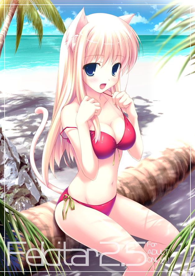 1girls animal_ears beach bikini blonde_hair blue_eyes breast_squeeze breasts cat_ears cat_tail cleavage duplicate female front-tie_top fujisaki_rei long_hair mizugi oppai original palm_tree side-tie_bikini sitting solo strap_slip swimsuit tail tree