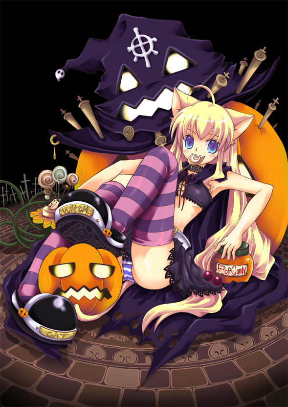 animal_ears blonde_hair blue_eyes candy cat_ears duplicate halloween lollipop multicolored_legwear panties pumpkin sakurai_unan shimapan striped striped_legwear striped_panties striped_thighhighs swirl_lollipop thighhighs underwear