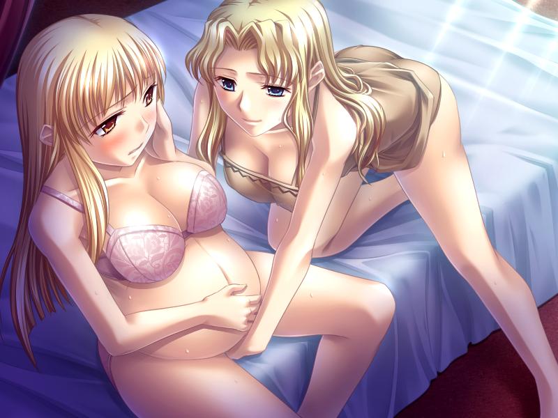 2girls arsis_anbald bed belly_hold bent_over blonde_hair blue_eyes blush bottomless bra breasts cleavage female fingering game_cg hand_on_cheek iris_anbald kantaka large_breasts long_hair mashou_no_nie mashou_no_nie_2 multiple_girls mutual_masturbation navel nightgown pink_bra pregnant red_eyes sitting sweat yuri