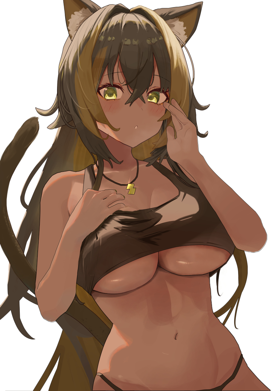 1girls 39rnb__ animal_ears belly_button blonde_hair blush breasts brown_hair cat_ears cat_tail catgirl female female_only green_eyes huge_breasts indie_virtual_youtuber looking_at_viewer necklace nekoyo_chloe simple_background solo tail tan-skinned_female tan_skin tank_top two_tone_hair underboob virtual_youtuber white_background