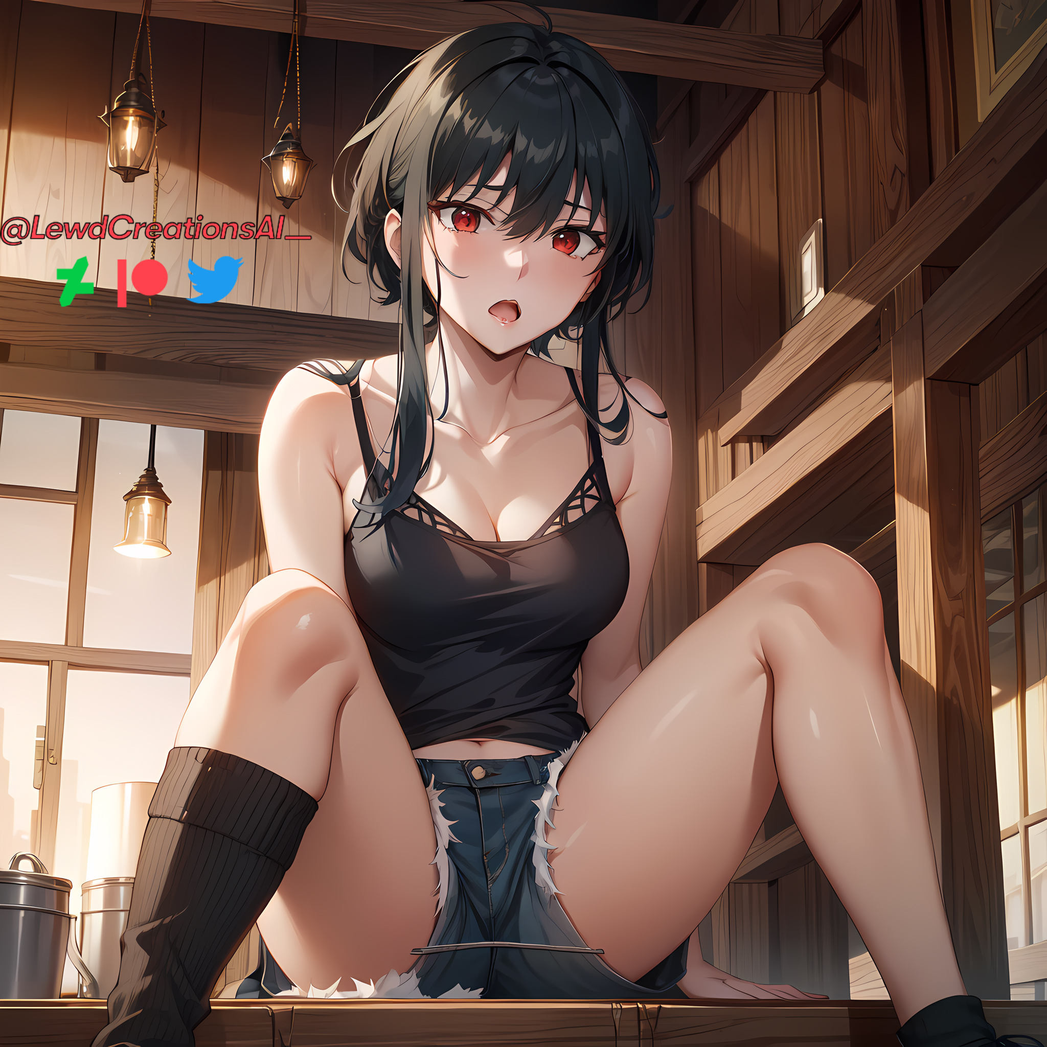 ai generated, big breasts, black hair, blush, breasts, dark hair, female, hair between eyes, hair ornament, indoors, lewdcreationsai, open mouth, red eyes, sitting, socks, spy x family, tagme, tank top, yor briar, yor forger