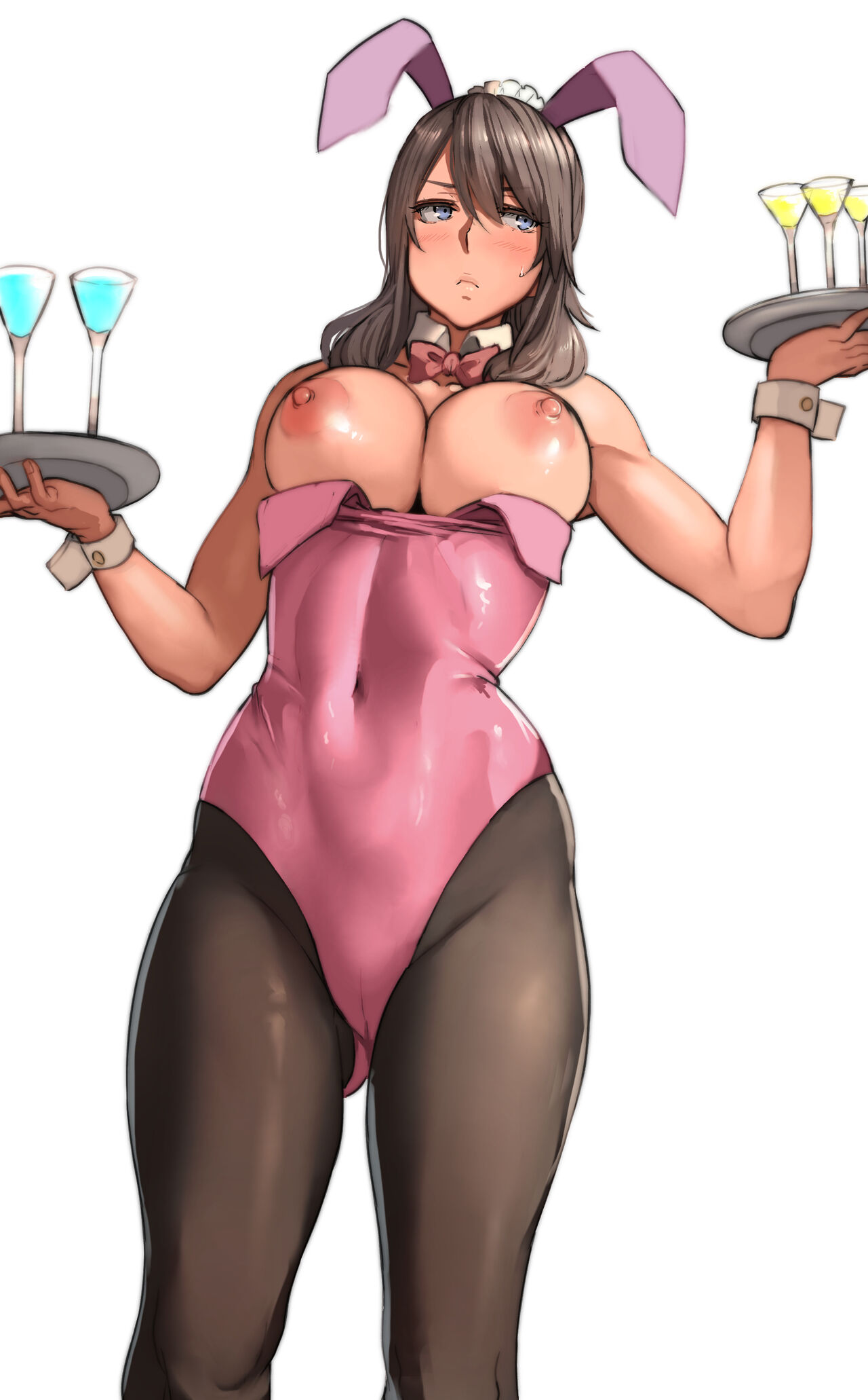 1girls, 2019, absurd res, animal ears, ass visible through thighs, bare shoulders, blue eyes, blush, bow, bowtie, breasts, breasts out, brown hair, bunny ears, bunny girl, bunnysuit, clothing, cocktail glass, covered navel, cup, detached collar, drink, fake animal ears, female, female only, glass, highres, holding tray, large breasts, leotard, maid headdress, nipples, original, pantyhose, pepe (jonasan), pink leotard, simple background, solo, standing, strapless, strapless leotard, sweat, sweatdrop, tight clothing, tray, waitress, white background, wrist cuffs