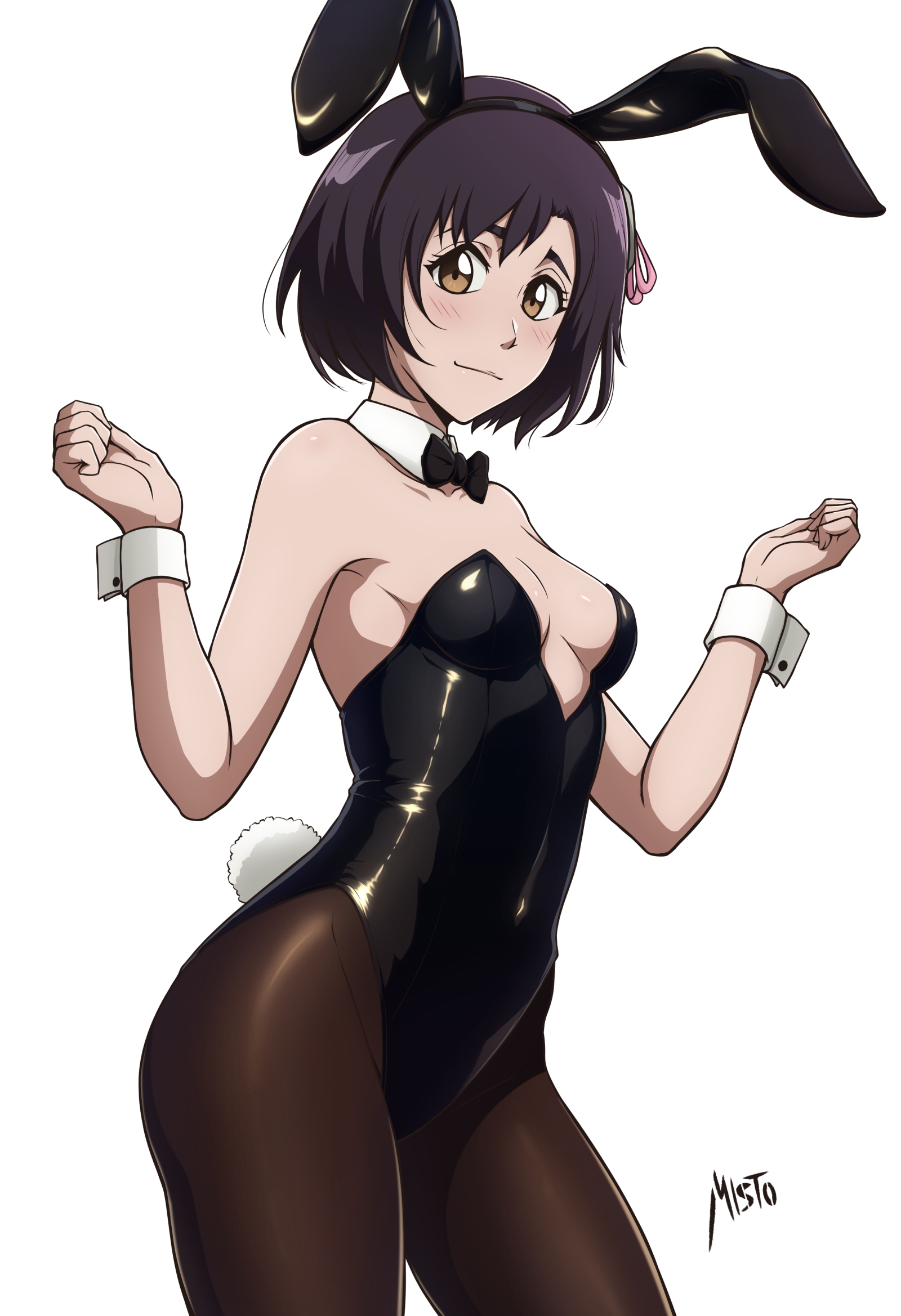 1girls, alternate hairstyle, animal ears, artist name, black bow, black bowtie, black hair, black leotard, bleach, bow, bowtie, breasts, brown eyes, commentary, contrapposto, cowboy shot, detached collar, english commentary, female, highres, hinamori momo, leotard, mistowing, pantyhose, playboy bunny, rabbit ears, rabbit tail, short hair, simple background, small breasts, solo, tail, w arms, watermark, white background, wrist cuffs