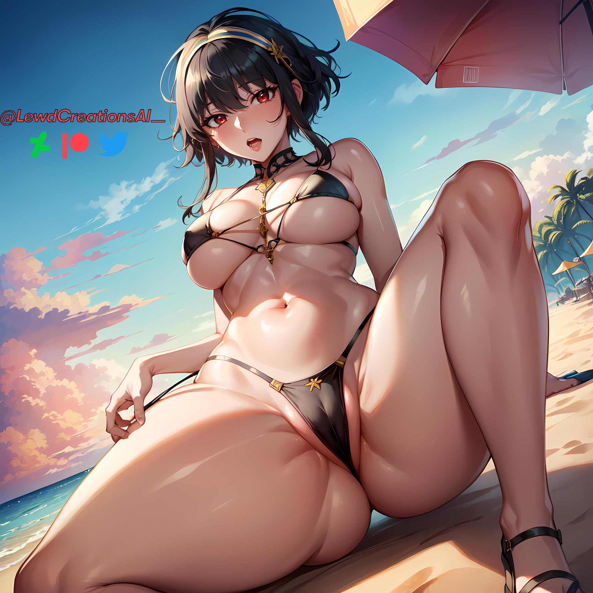 ai generated, ass, beach, big breasts, bikini, bikini bottom, bikini top, black hair, blush, breasts, cameltoe, choker, dark hair, female, hair between eyes, hair ornament, lewdcreationsai, navel, pussy, red eyes, spread legs, spreading, spy x family, string bikini, string panties, tagme, thick, thick ass, thick thighs, thighs, yor briar, yor forger