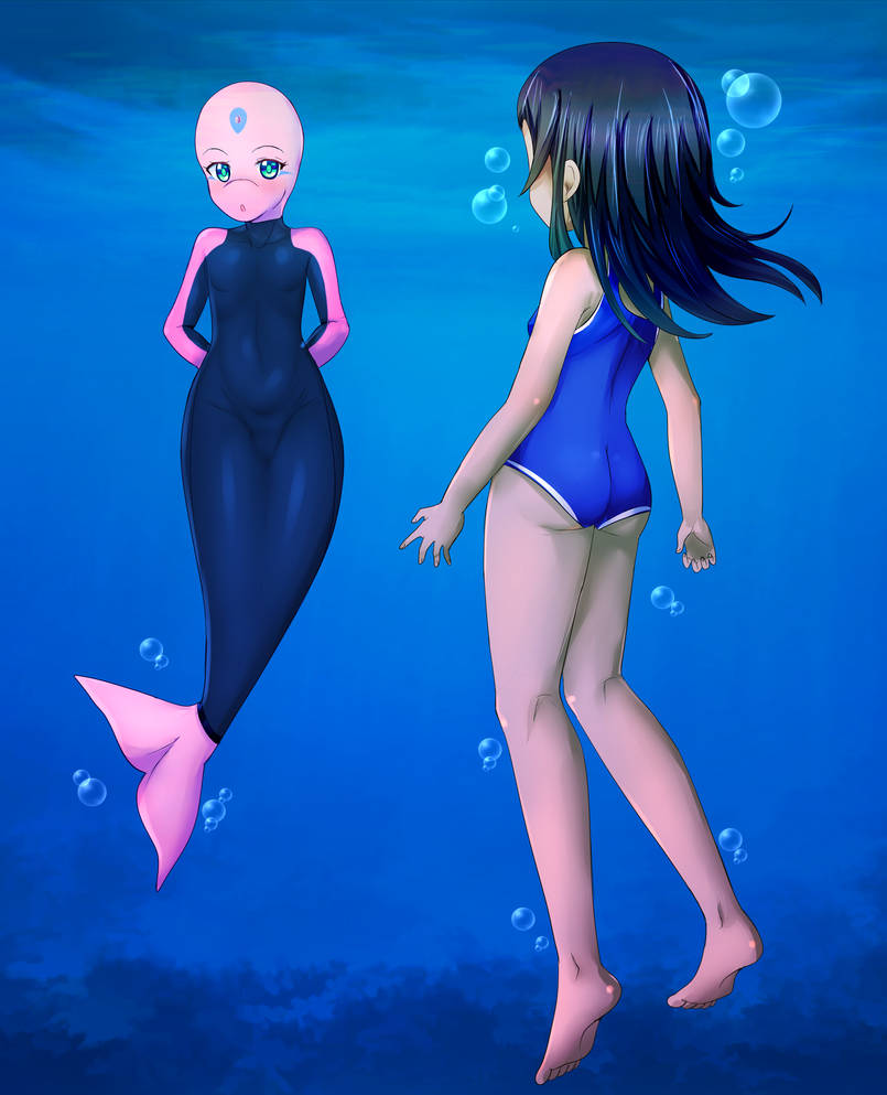 artist_unknown ass ass dolphin dolphin_girl dorra_(dragontear) mi'ara one-piece_swimsuit original sideboob sukumizu swimsuit swimwear underwater