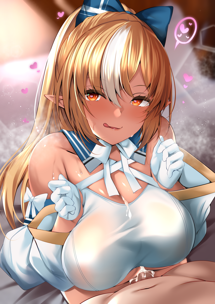 1boy 1girls bare_shoulders blonde_hair blush bow breasts breasts_squeezed_together censored circussion cum cum_on_body cum_on_breasts dark-skinned_female dark_elf dark_skin elf female hairbow heart heart-shaped_pupils high_ponytail highres hololive hololive_fantasy hololive_japan huge_breasts licking_lips light-skinned_male light_skin long_hair looking_at_viewer mosaic_censoring multicolored_hair orange_eyes paizuri paizuri_under_clothes penis pointy_ears pov shiranui_flare solo_focus straight streaked_hair sweat symbol-shaped_pupils tongue tongue_out virtual_youtuber white_hair