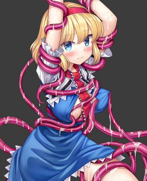 alice_margatroid ambiguous_penetration ascot blonde_hair blue_dress bondage bound breasts capelet covered_penetration dress female frilled_ascot frilled_dress frills grey_background hairband implied_penetration implied_sex looking_at_viewer nagiyamasugi puffy_short_sleeves puffy_sleeves red_hairband scared sex_under_clothes sex_under_dress sexual_harassment short_hair short_sleeves solo tears tentacle tentacle_under_dress tentacles_under_clothes thighs touhou wet white_capelet