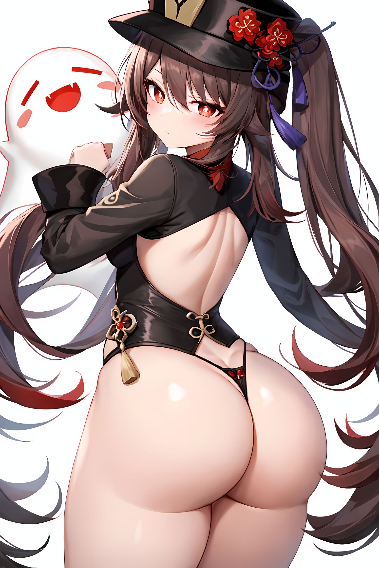 1other, ai generated, ambiguous gender, ass, ass crack, ass focus, blush, boo tao (genshin impact), breasts, brown hair, butt crack, chinese clothes, female, from behind, genshin impact, ghost, hat, hat ornament, hu tao (genshin impact), huge ass, long hair, looking at viewer, medium breasts, open mouth, red eyes, shiny, shiny hair, shiny skin, sideboob, smile, thong, twintails, very long hair