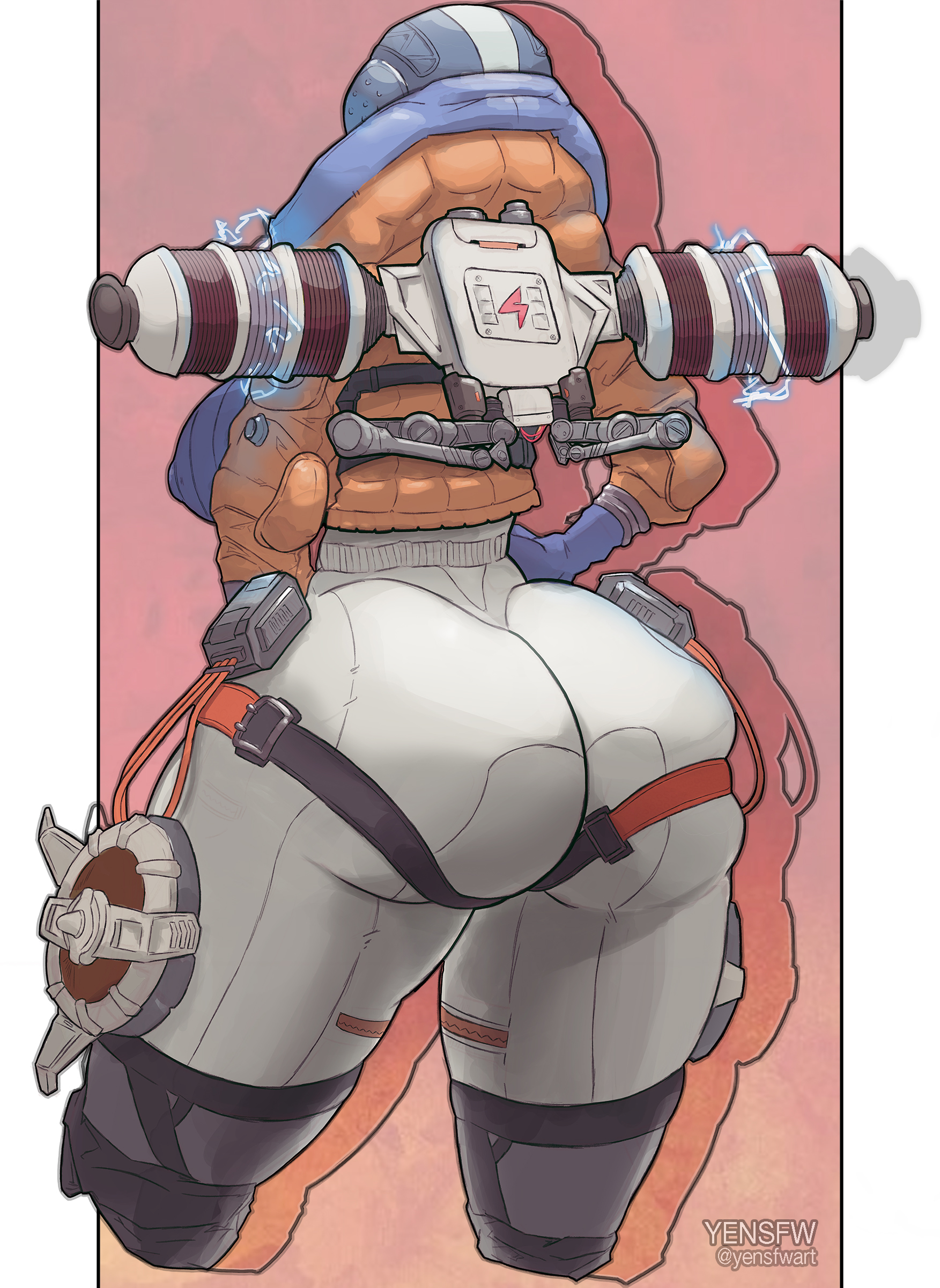 about to burst, apex legends, ass, ass focus, ass too big, barely contained, barely contained ass, barely fits, big ass, big breasts, breasts, bursting butt, clothed, color, curvy female, female, female only, gigantic ass, hands on hips, imminent wardrobe malfunction, solo, solo female, straining clothing, thick, thick thighs, tight clothes, tight clothing, tight fit, tight suit, too tight, undersized clothes, undersized clothing, wattson (apex legends), yensfw