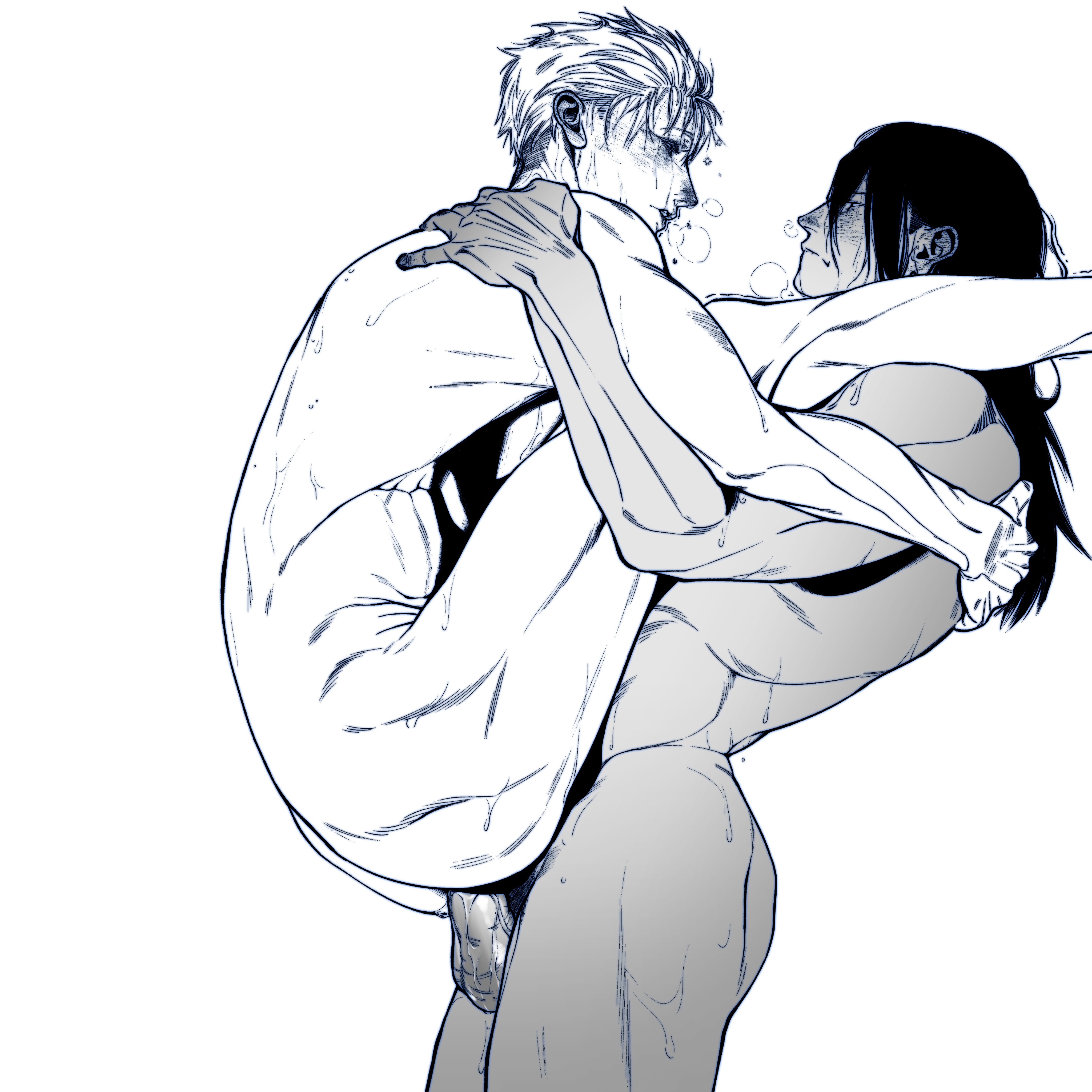 anal, bara, black hair, brown body, earrings, gay, genital fluids, genitals, jujutsu kaisen, long hair, male, male focus, male only, male/male, muscular, muscular male, penis, satoru gojo, suguru geto, uncensored, veiny penis, white hair, yaoi