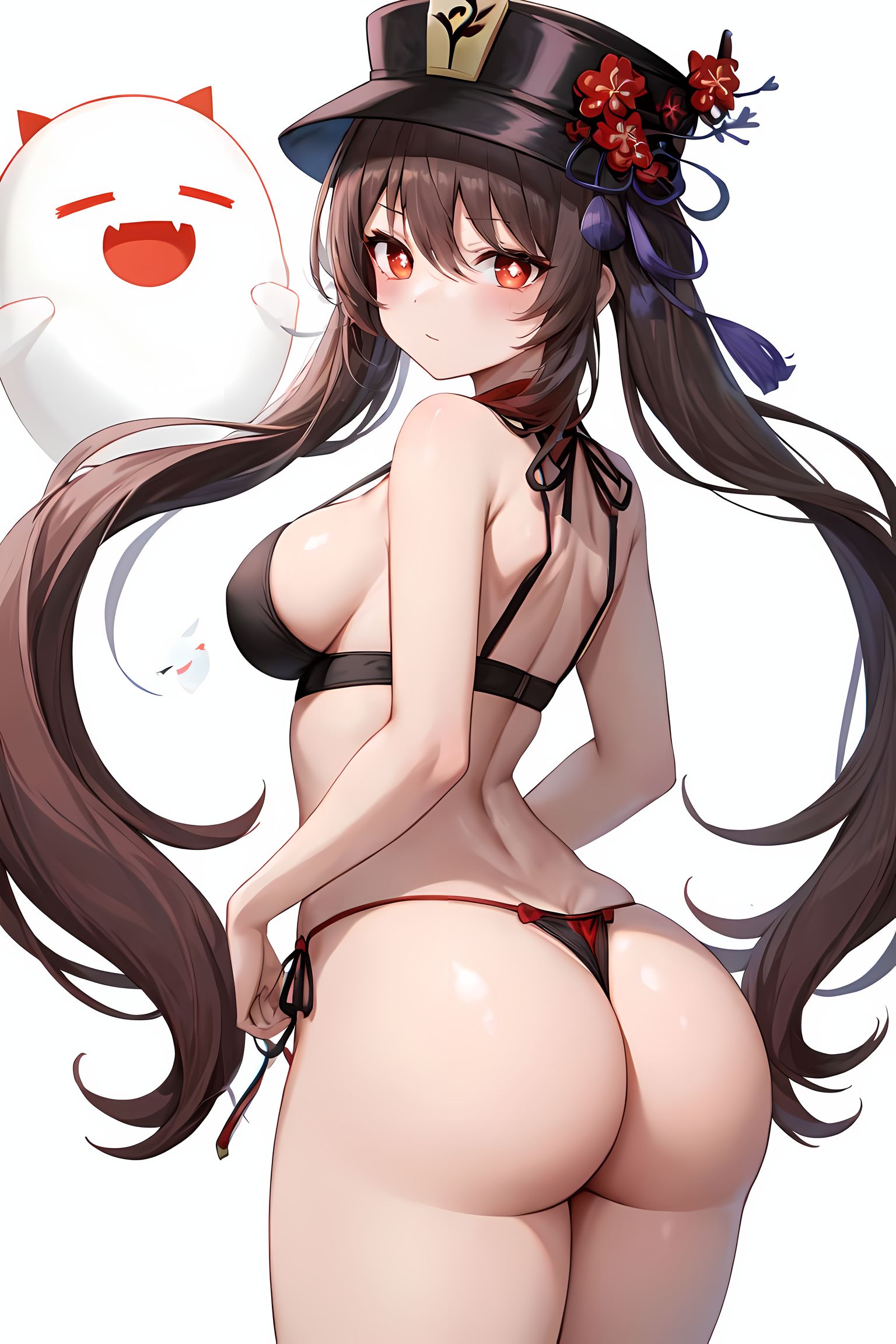 1other, ai generated, ambiguous gender, ass, ass crack, ass focus, blush, boo tao (genshin impact), bra, breasts, brown hair, butt crack, female, from behind, genshin impact, ghost, hat, hat ornament, hu tao (genshin impact), huge ass, long hair, looking at viewer, medium breasts, open mouth, red eyes, shiny, shiny hair, shiny skin, sideboob, smile, thong, twintails, very long hair