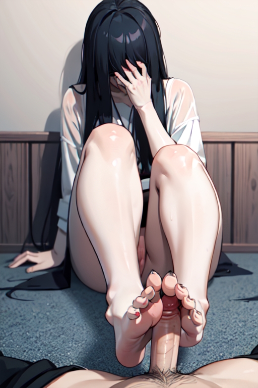 1boy 1girls ai_generated aigeneratedp barefoot feet female foot_fetish footjob ghost_girl hair_covering_eyes imminent_sex male_pov petite porn pov sex slim teenager the_ring toes yamamura_sadako