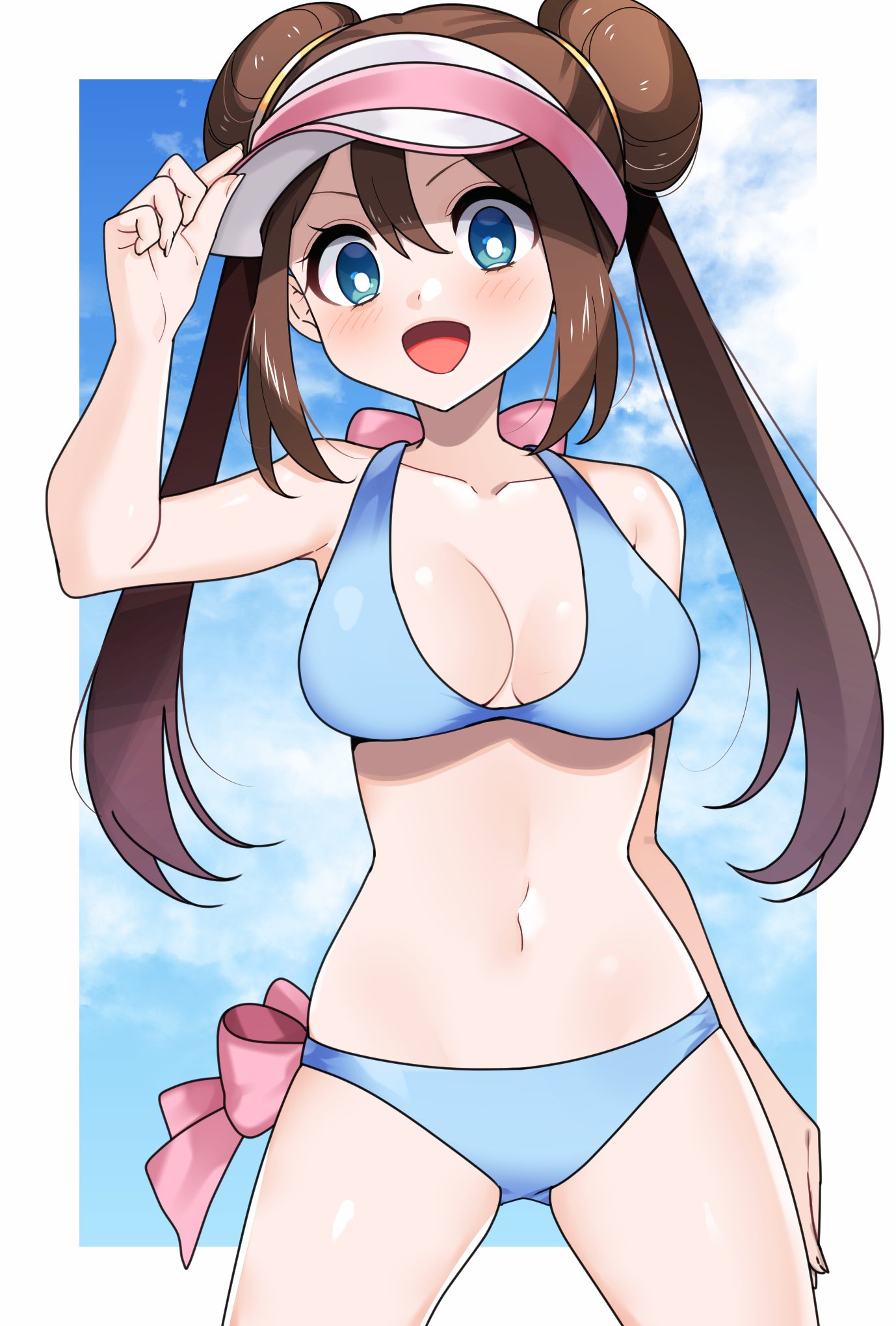 1female 1girls belly belly_button bikini bikini_bottom bikini_top blue_bikini blue_bikini_bottom blue_bikini_top blue_eyes blue_sky blush blush_lines blushing blushing_at_viewer blushing_profusely boobs breasts brown_hair clouds curves female female_only hand_on_side hand_on_thigh light_blue_bikini light_blue_eyes long_hair long_nails looking_at_viewer nintendo open_mouth pigtail pigtails pink_ribbon pokemon pokemon_bw2 rosa_(pokemon) shiny_skin solo swimsuit tagme visor visor_cap voluptuous voluptuous_female yuihico