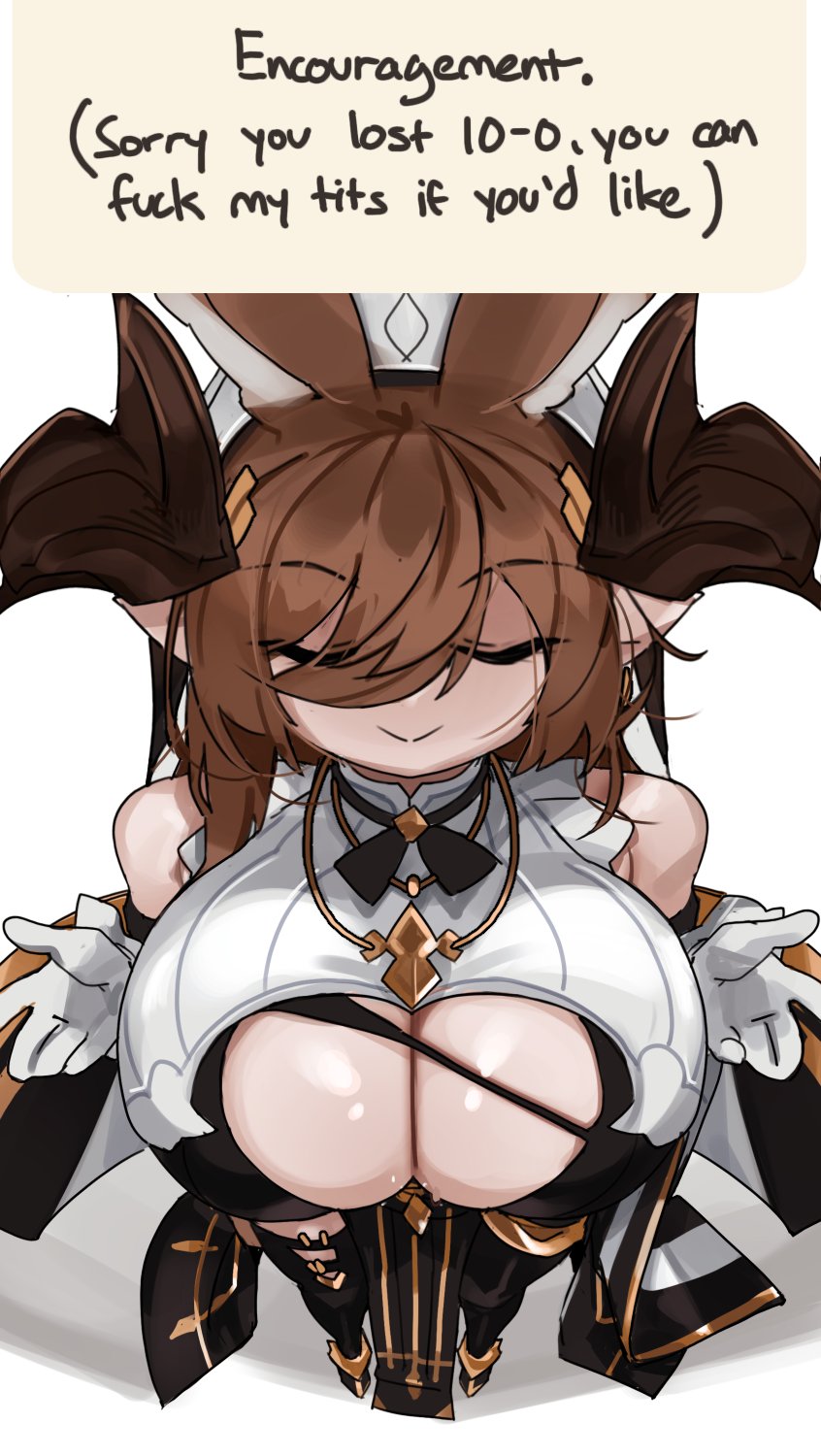 1girls, big breasts, breasts, brown hair, cleavage, closed eyes, english text, female, galleon (granblue fantasy), granblue fantasy, horns, huge breasts, large breasts, light skin, light-skinned female, paizuri invitation, pointy ears, simple background, smile, text, text box, viewed from above, zanamaoria