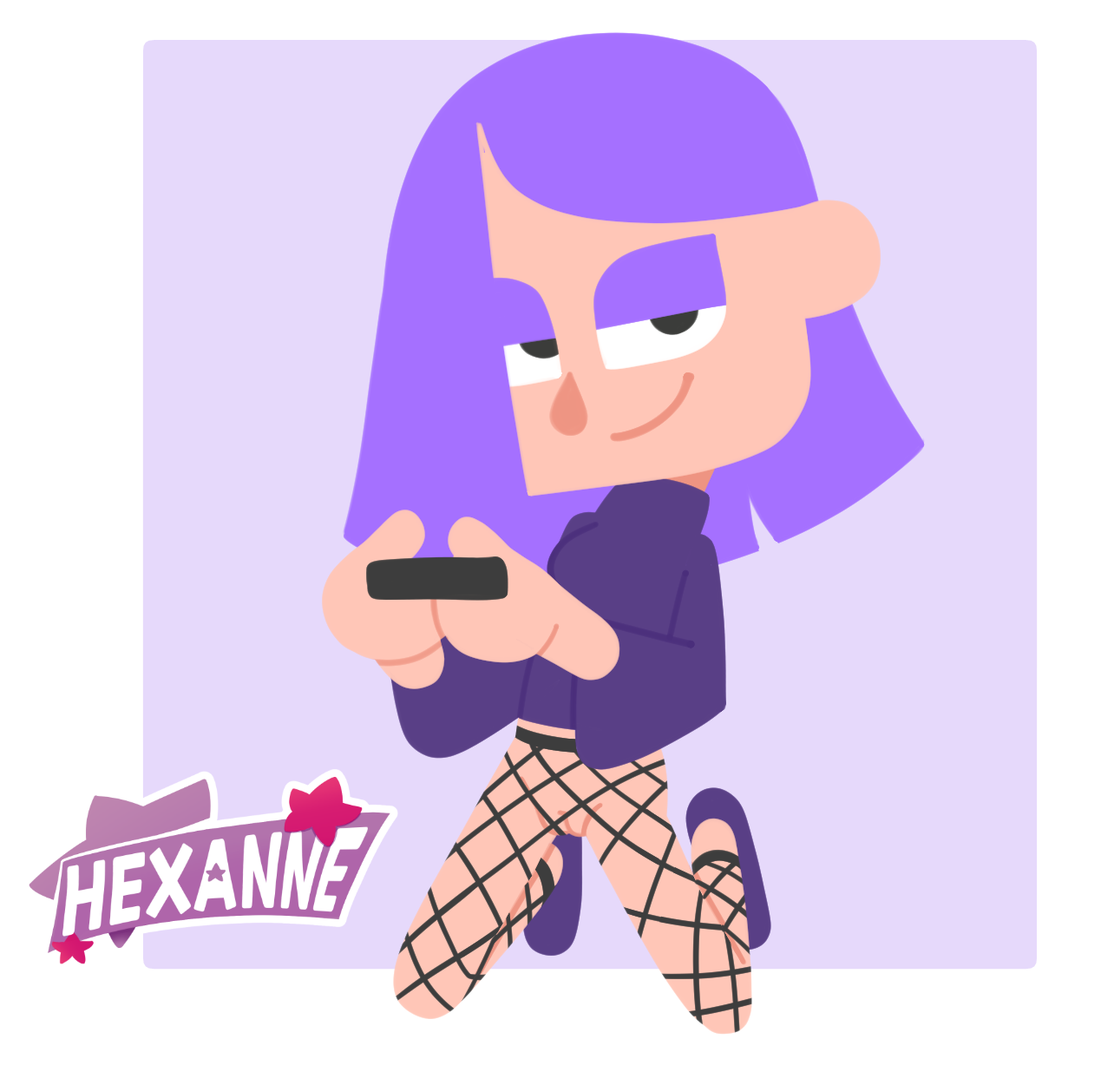 accurate art style, clothes, clothing, colored, duolingo, eyeshadow, female, fishnet legwear, fishnet pantyhose, fishnets, footwear, game controller, half naked, hexanne, holding object, kneeling, legs, legs apart, lily (duolingo), long sleeves, looking at viewer, medium hair, no outlines, no panties, no pants, no underwear, on knees, pantless, partially clothed, purple hair, pussy, smile, smiling at viewer, smirk, smirking, smug, smug face, solo, tagme, topwear