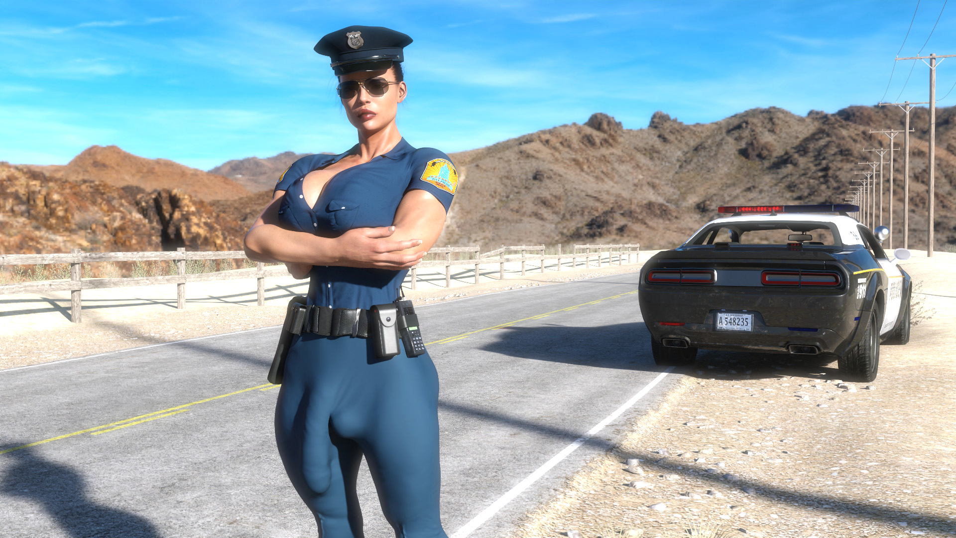 1futa, 3d, big breasts, breasts, bulge, bulge down leg, bulge through clothing, bulge under clothes, cameltail, flaccid, full-package futa, futa only, futanari, human, human only, intersex, large breasts, light skin, light-skinned futa, looking at viewer, muscular, muscular futa, original character, outdoors, outside, penis, police, police car, police futa, police hat, police uniform, policewoman, public, serge3dx, solo, standing