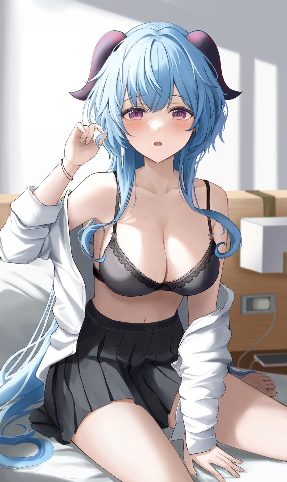 1girls, blue hair, blush, bra, breasts, cleavage, female, ganyu (genshin impact), genshin impact, horns, medium breasts, phone, purple eyes, school uniform, schoolgirl, skirt