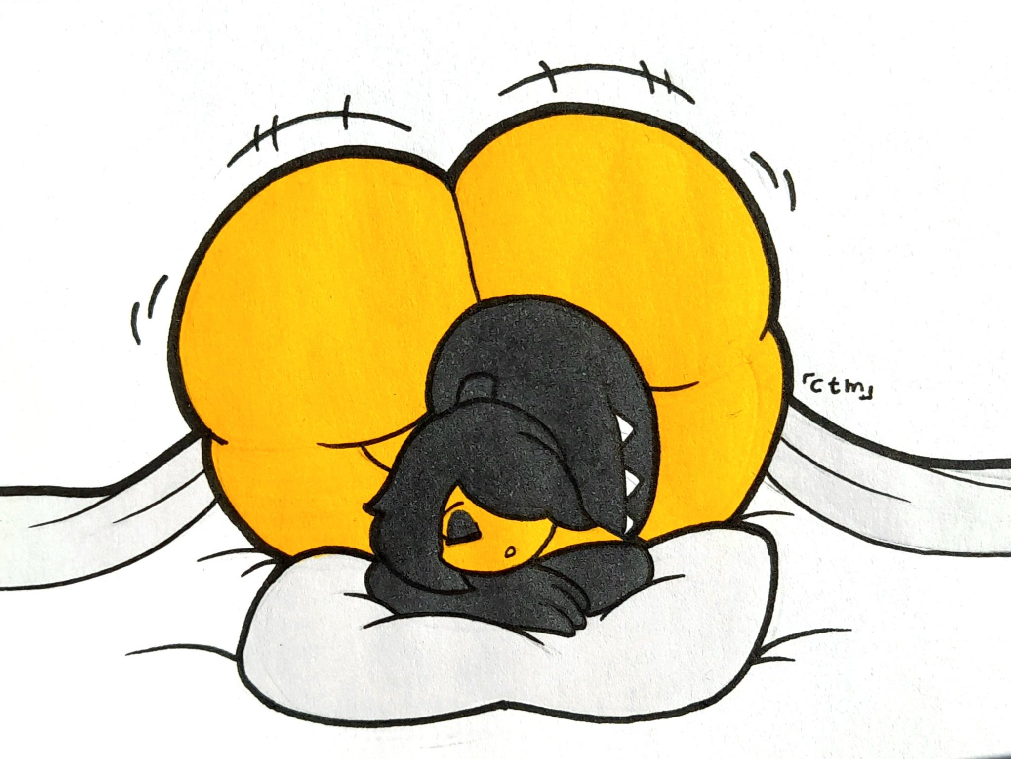ass, closed eyes, eyeshadow, front view, hair covering eye, hyper, hyper ass, laying on bed, mawee, mawile, mr.ctm, pokemon, pokemon (species), shaking ass, shaking butt, sleeping, yellow body