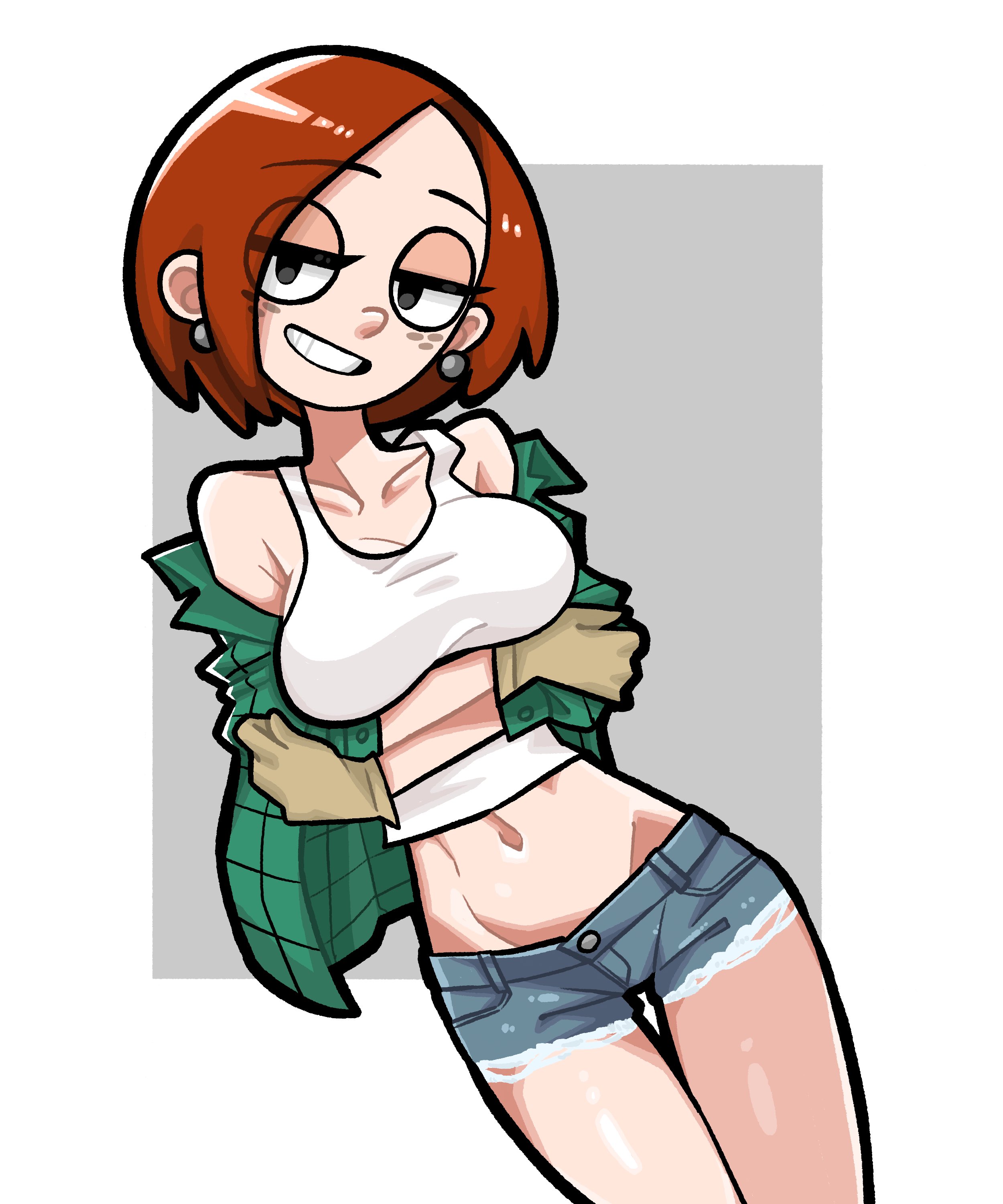 1girls, 2023, alternate hairstyle, arms under breasts, belly button, big breasts, black eyes, bottomwear, breasts, busty, clothed, clothed female, clothes, clothing, denim, disney, disney channel, disney xd, earrings, female, freckles, freckles on face, front view, fully clothed, gloves, gravity falls, grin, hair, handwear, hi res, human, jean shorts, large breasts, legs together, light skin, light-skinned female, looking at viewer, medium hair, midriff, n k m, navel, orange hair, pose, posing, presenting breasts, presenting hindquarters, red hair, seductive, seductive eyes, seductive look, seductive pose, seductive smile, shirt, shirt down, shirt lift, short hair, shorts, simple background, smiling, smiling at viewer, solo, standing, stomach, straight hair, tank top, tank top lift, teeth, thighs, topwear, wendy corduroy