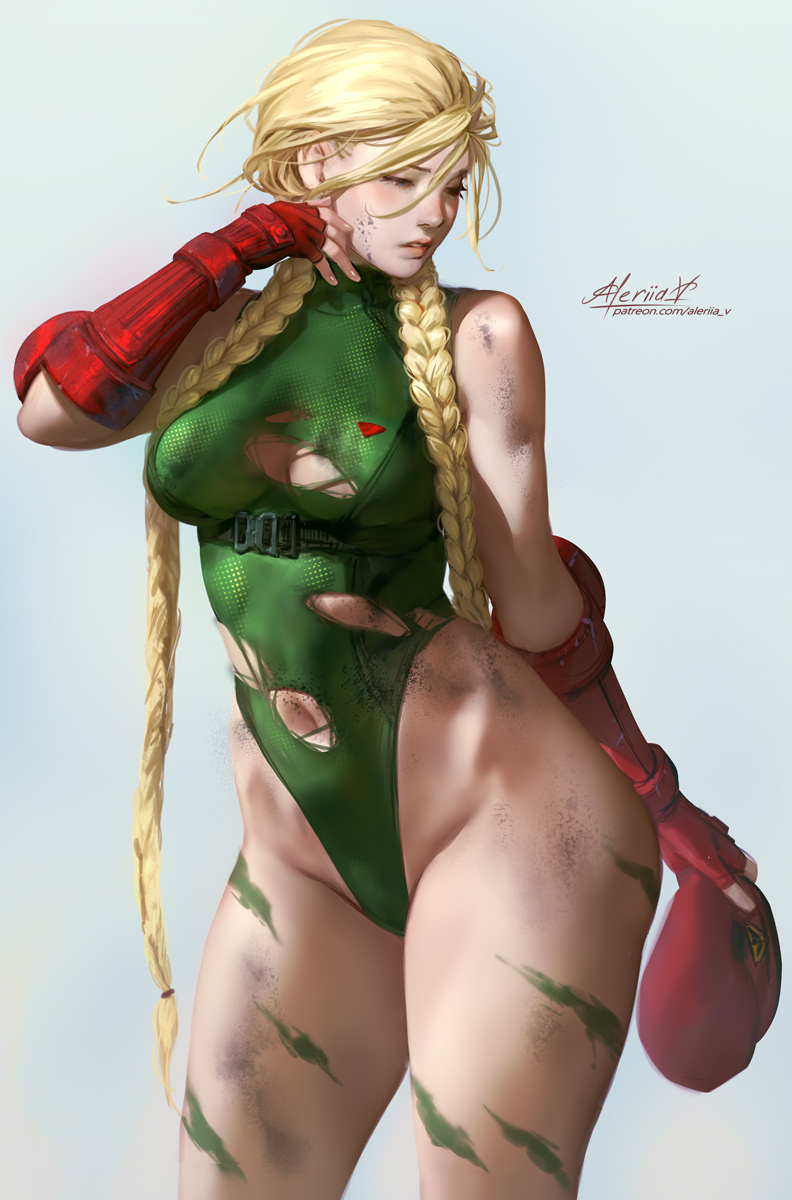 aleriia v, battle, blonde hair, bodysuit, breasts, cammy white, capcom, damaged clothes, elbow gloves, female, fit, fit female, lerapi, small breasts, street fighter, thick thighs, twintails